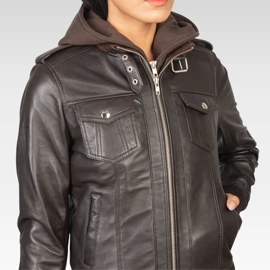 Roslyn Hooded Leather Bomber Jacket