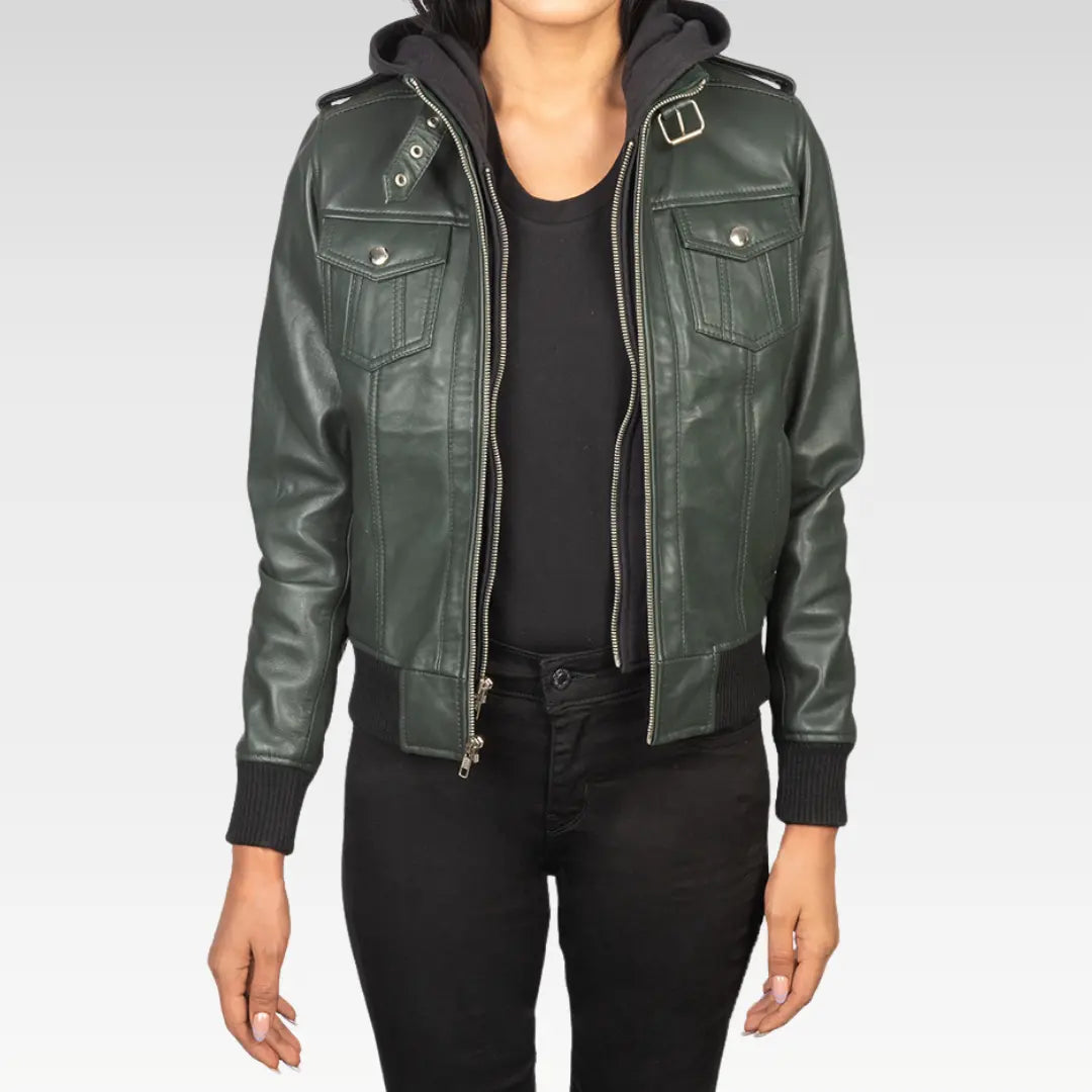Roslyn Hooded Leather Bomber Jacket