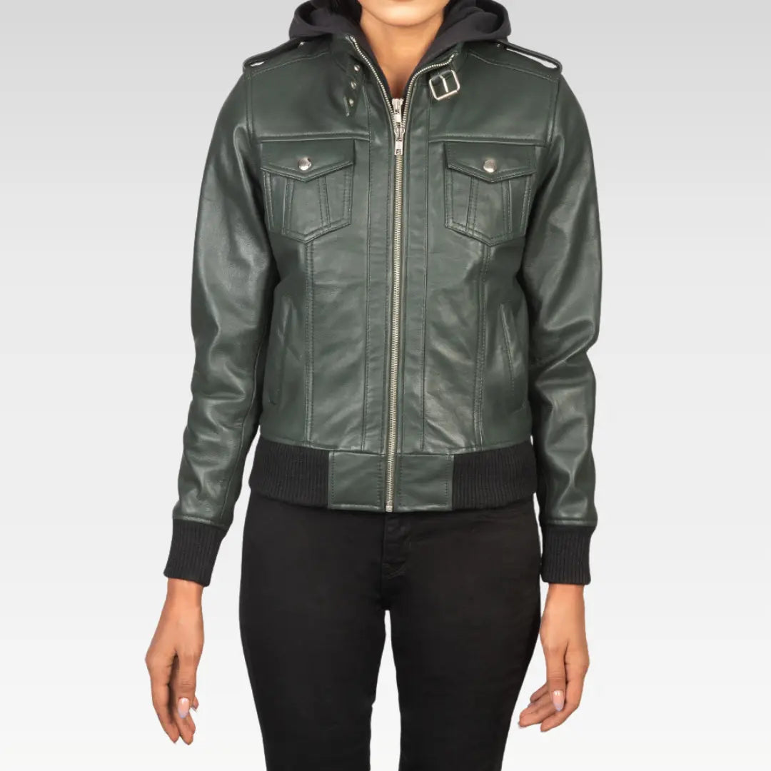 Roslyn Hooded Leather Bomber Jacket