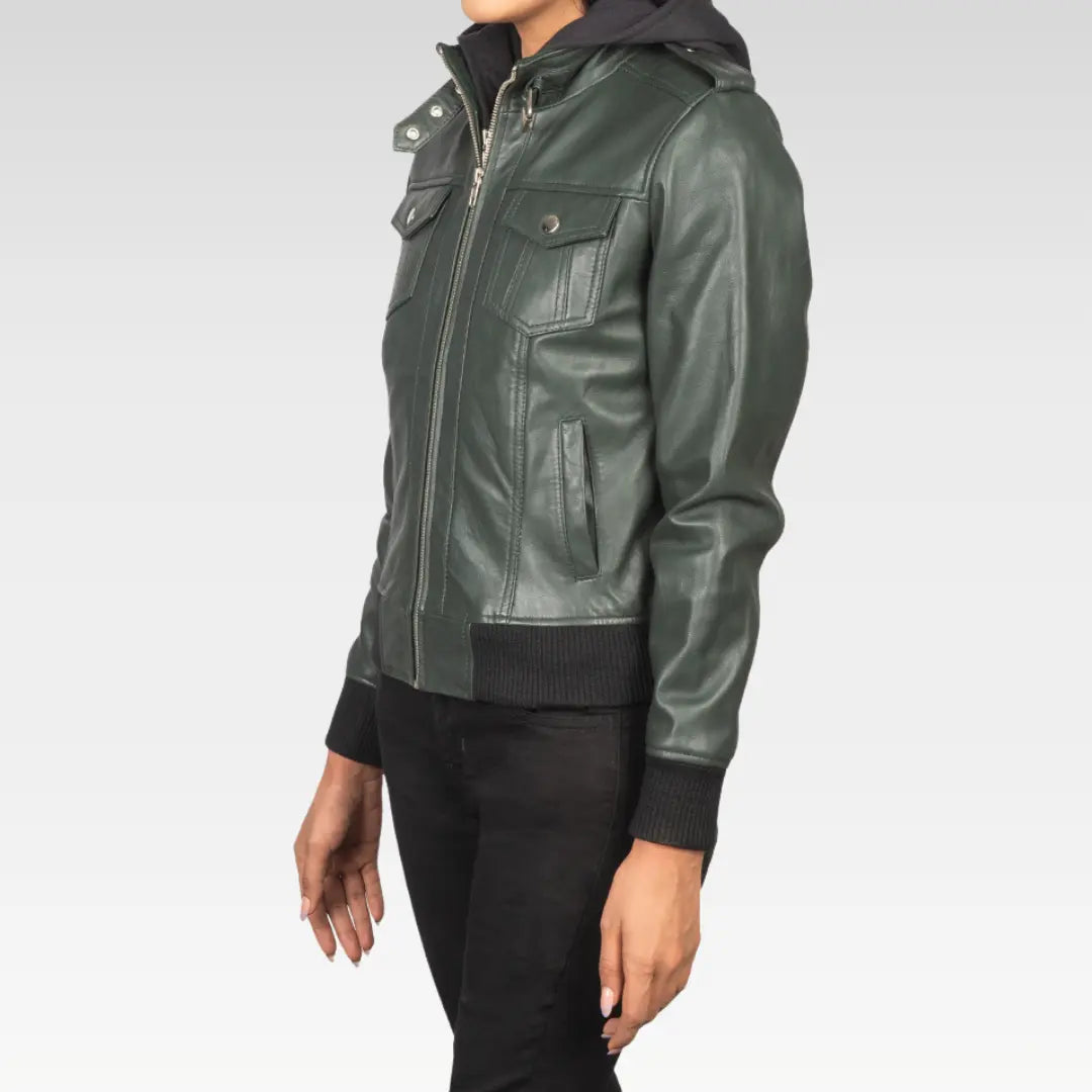 Roslyn Hooded Leather Bomber Jacket