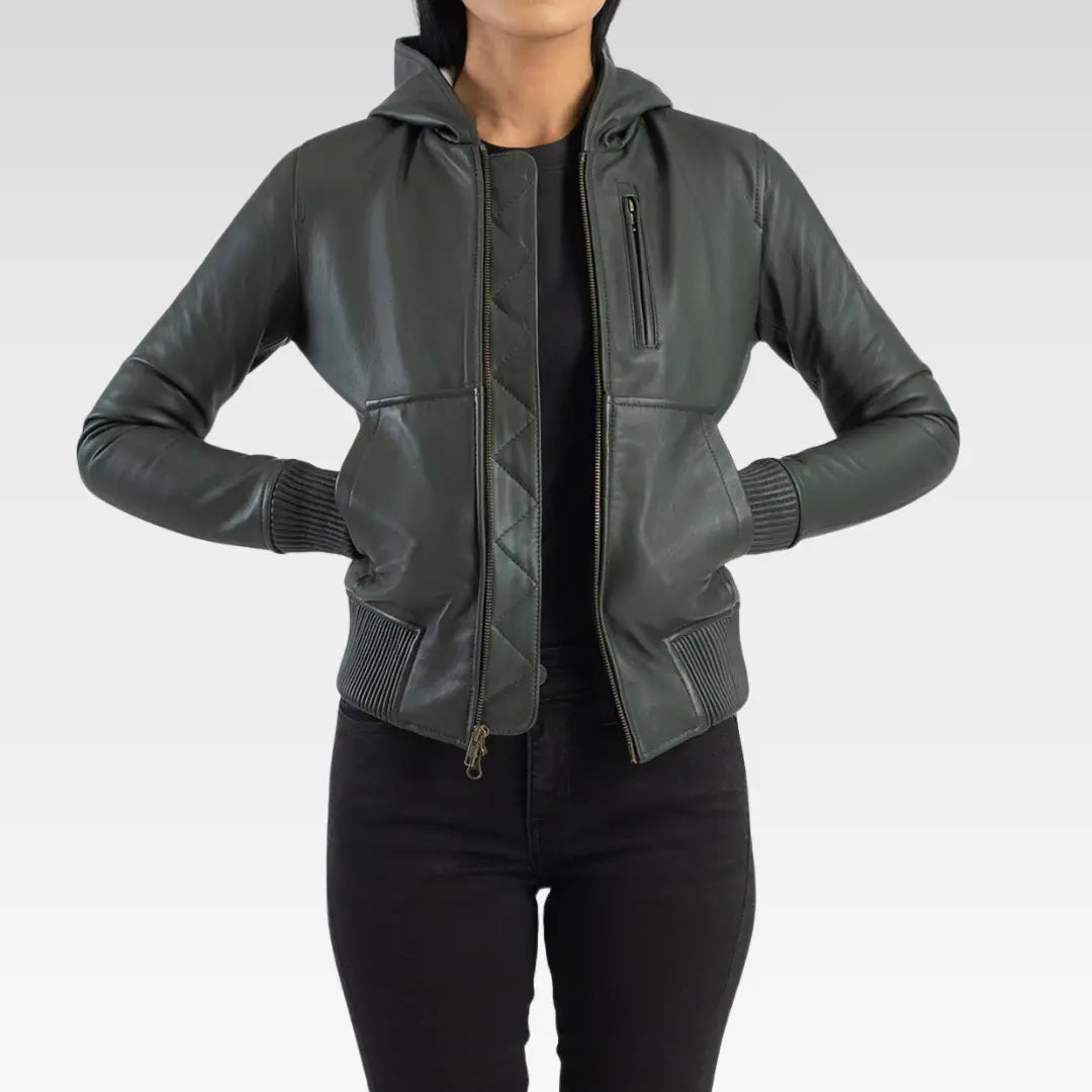 Luna Hooded Leather Bomber Jacket