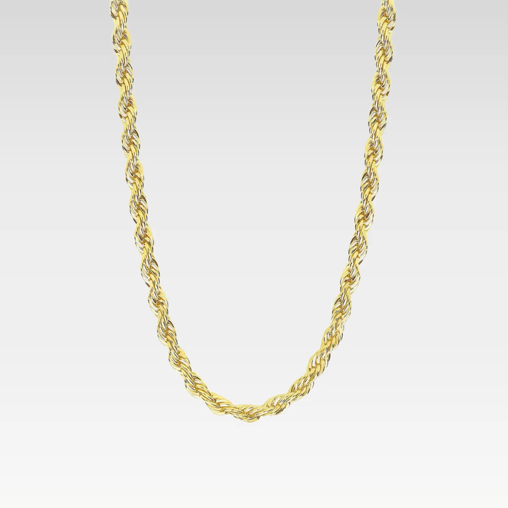 14K gold plated sterling silver rope twist chain necklace displayed flat, showing thick braided design and secure lobster clasp closure