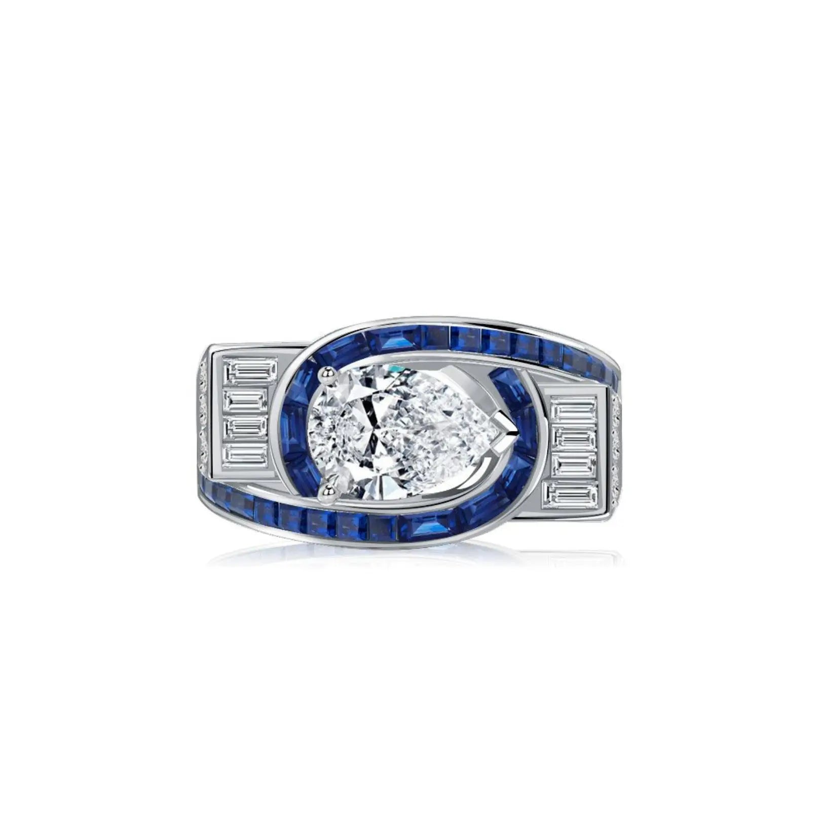 Art Deco Pear Shaped Blue Sapphire Engagement Ring