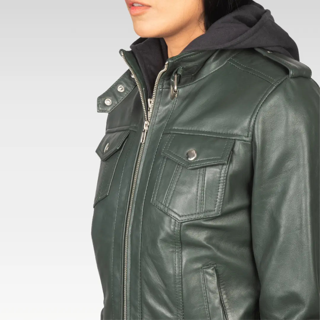 Roslyn Hooded Leather Bomber Jacket