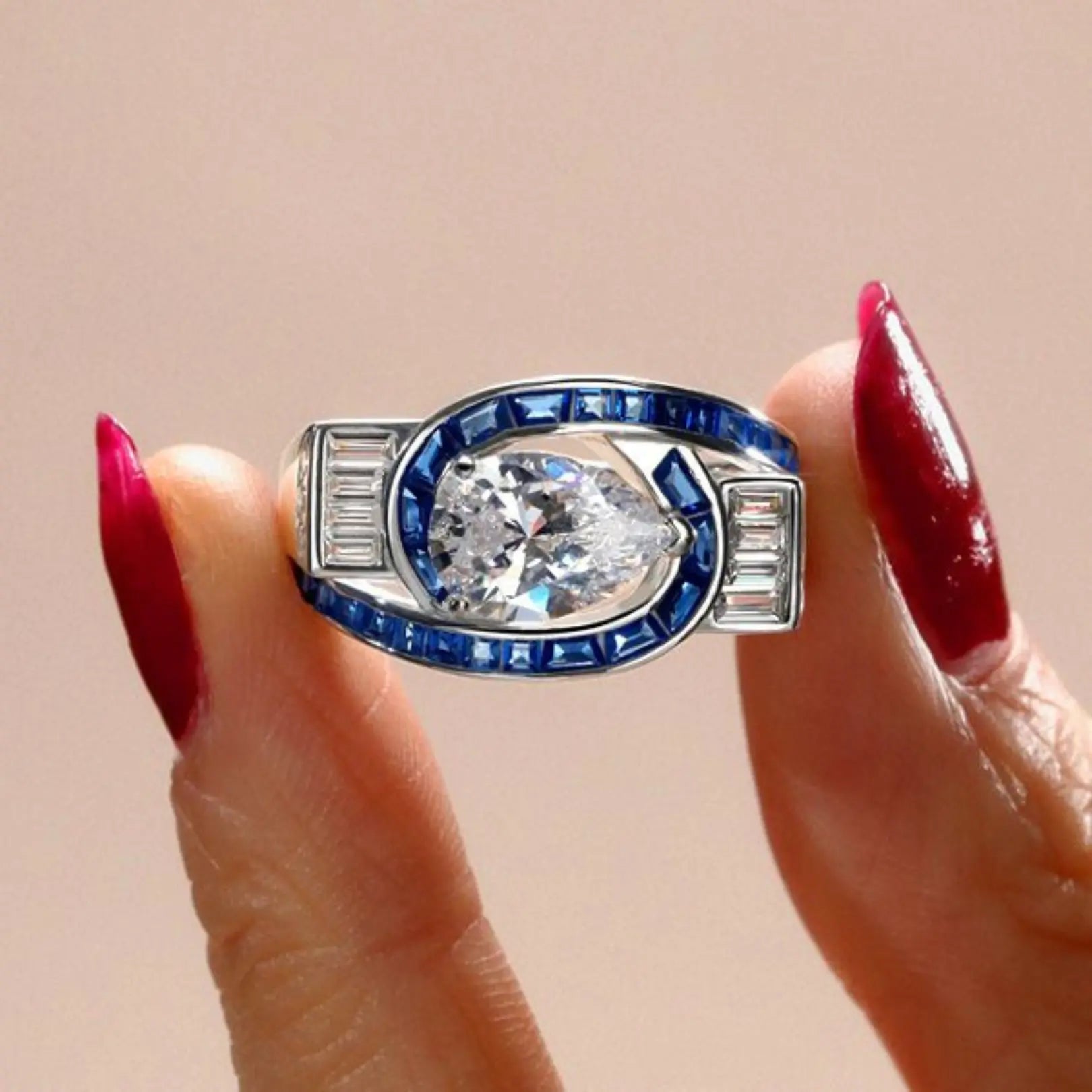 Art Deco Pear Shaped Blue Sapphire Engagement Ring