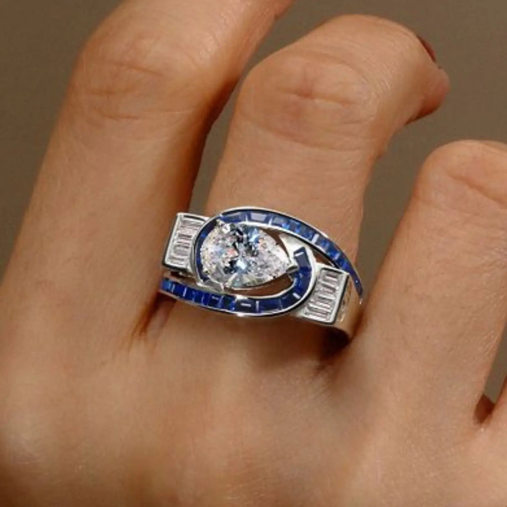 Art Deco Pear Shaped Blue Sapphire Engagement Ring