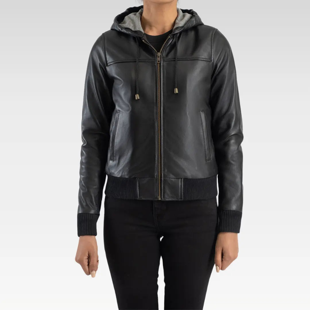 Rebella Hooded Leather Bomber Jacket
