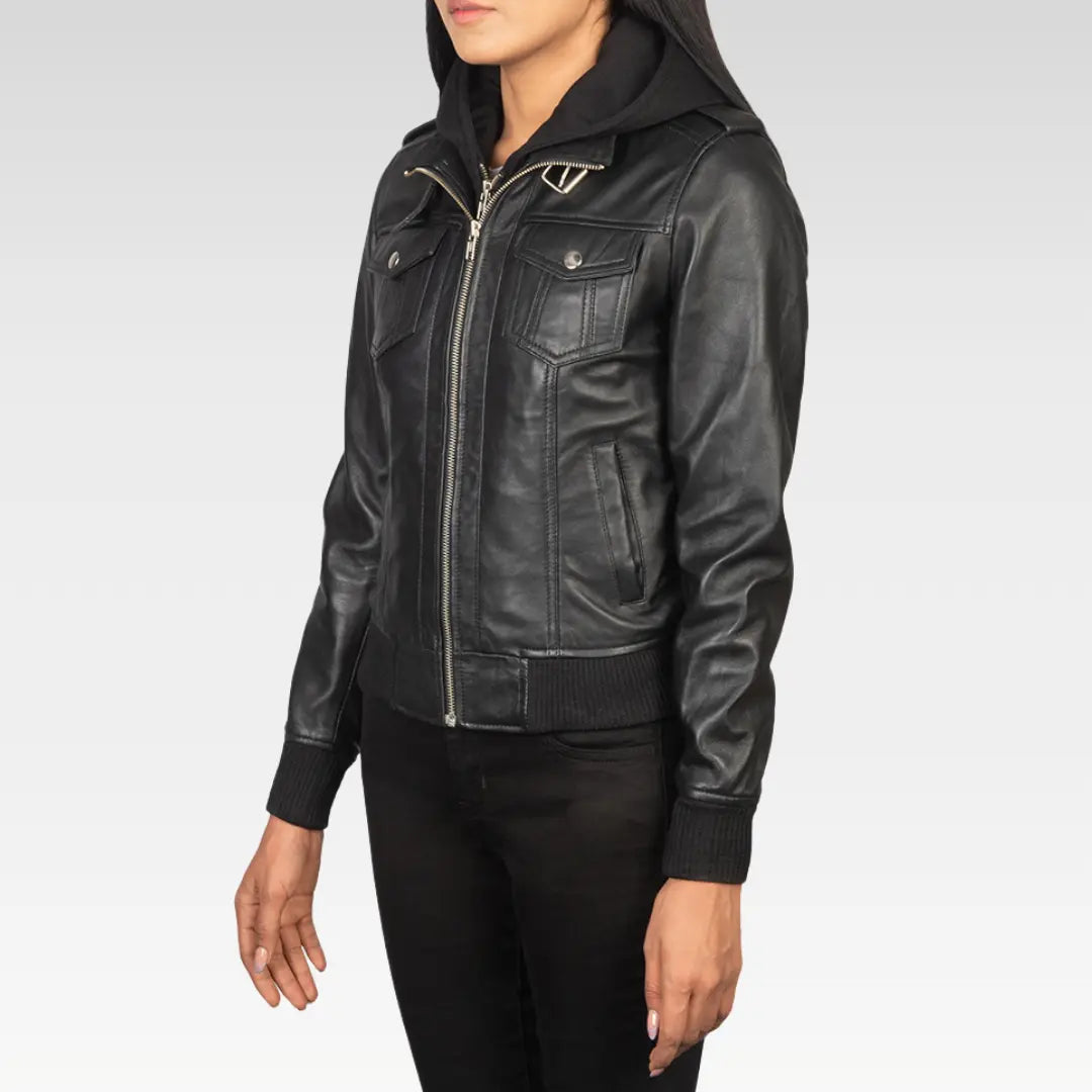Roslyn Hooded Leather Bomber Jacket
