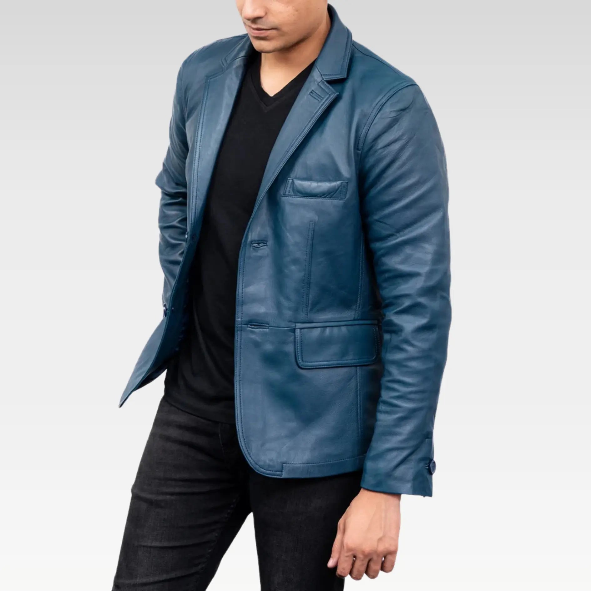 2-Button Men Lambskin Leather Blazer-Blue