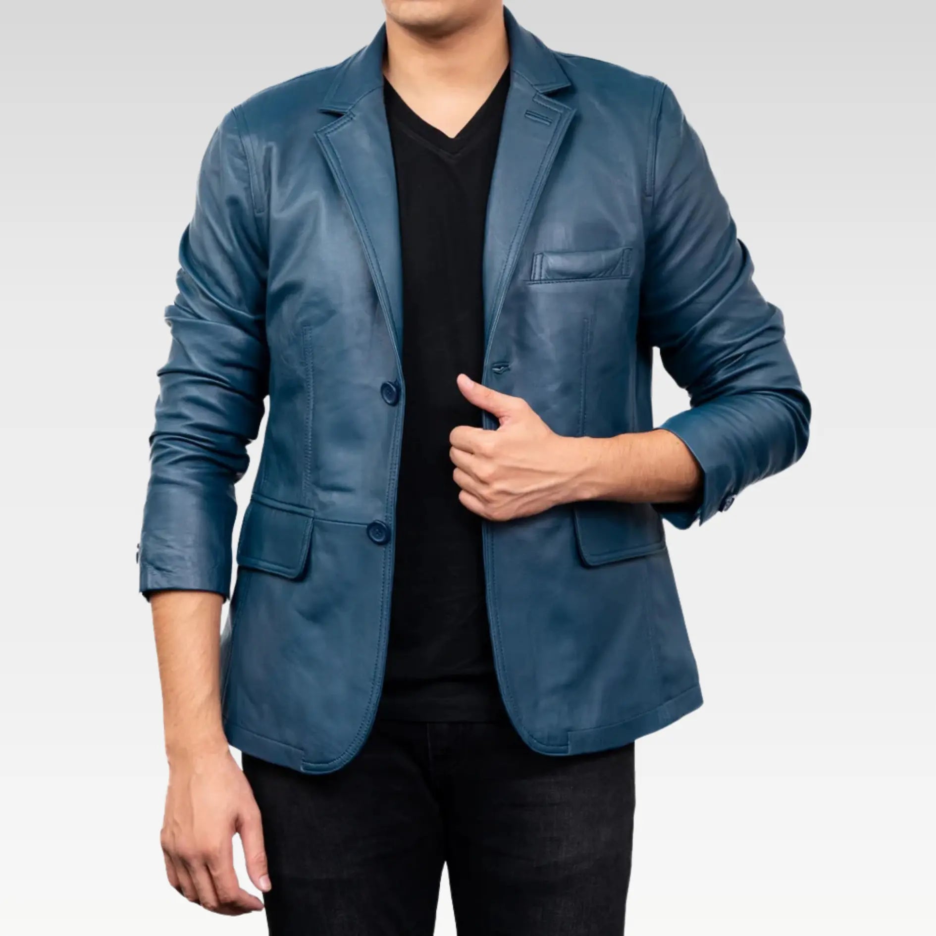 2-Button Men Lambskin Leather Blazer-Blue