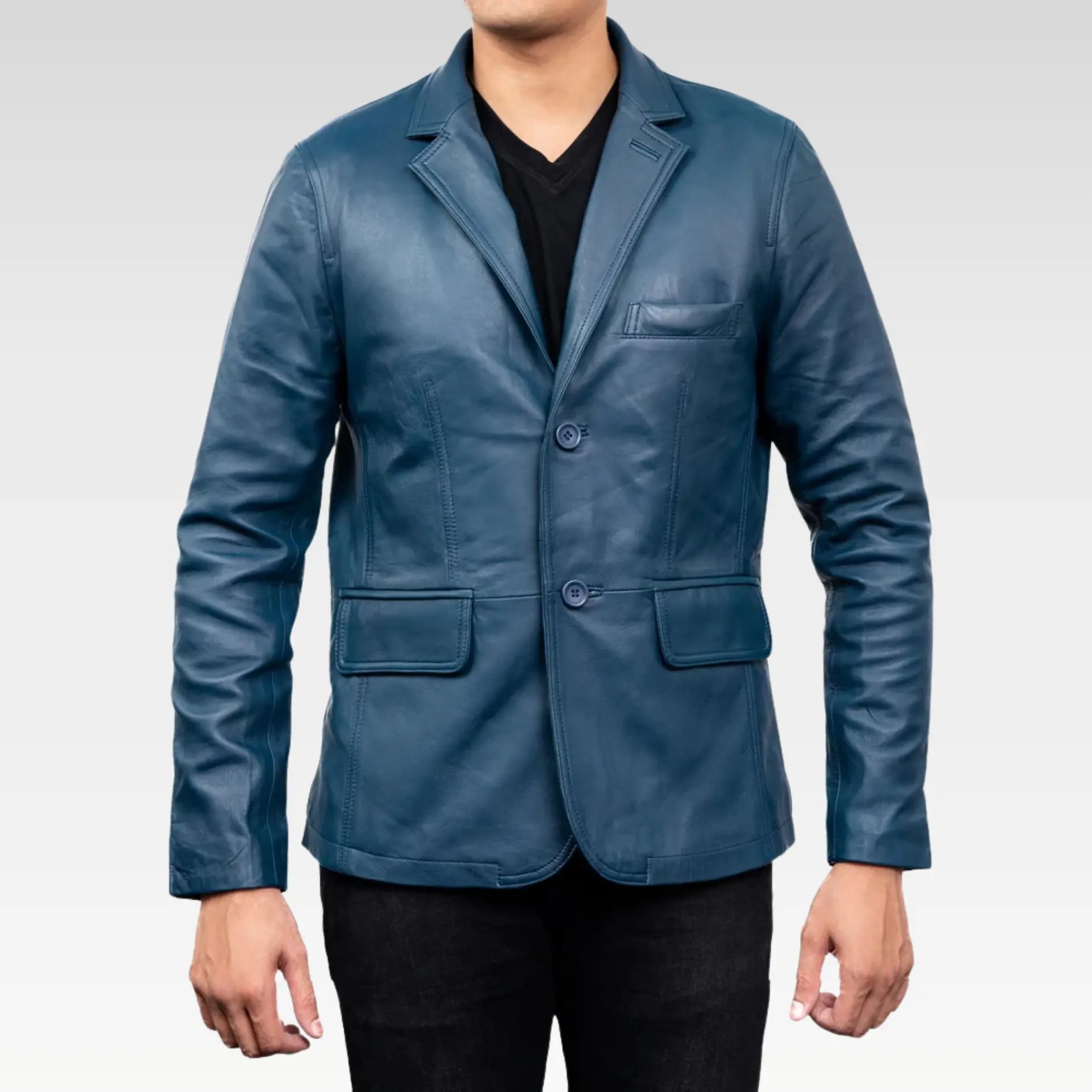 2-Button Men Lambskin Leather Blazer-Blue