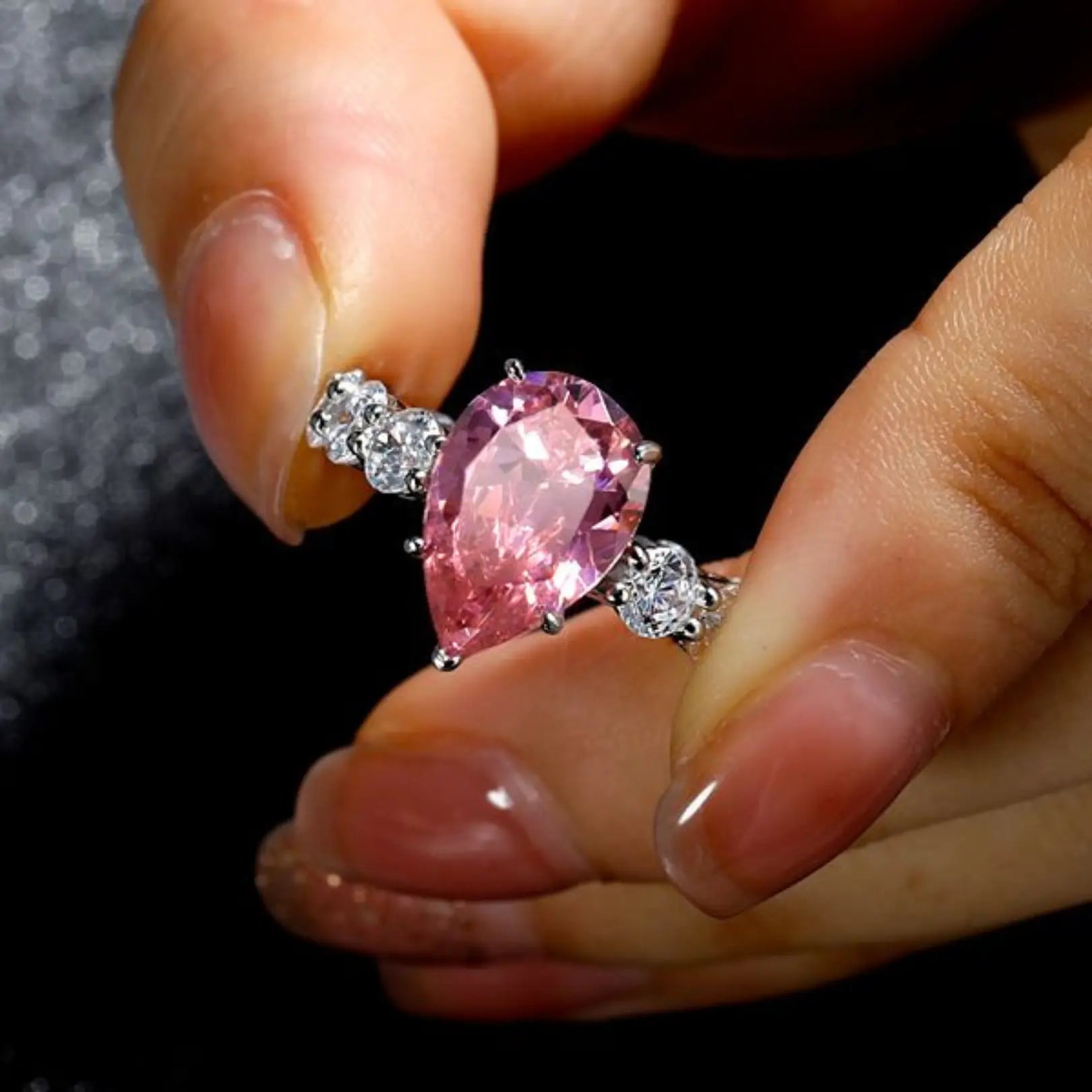 Pink Stone Pear Shaped Engagement Ring