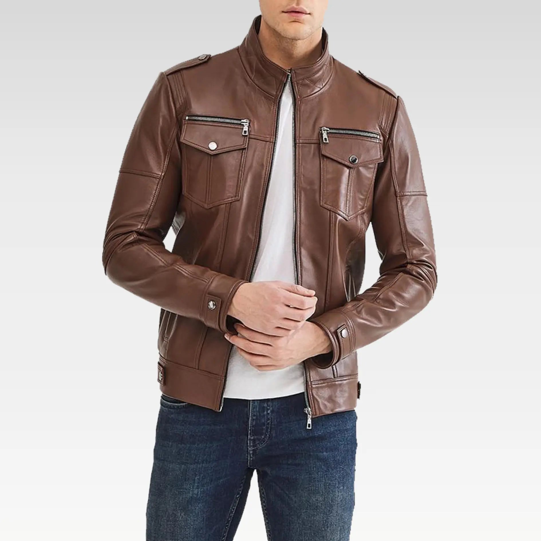 Casual Brown Leather Motorcycle Jacket