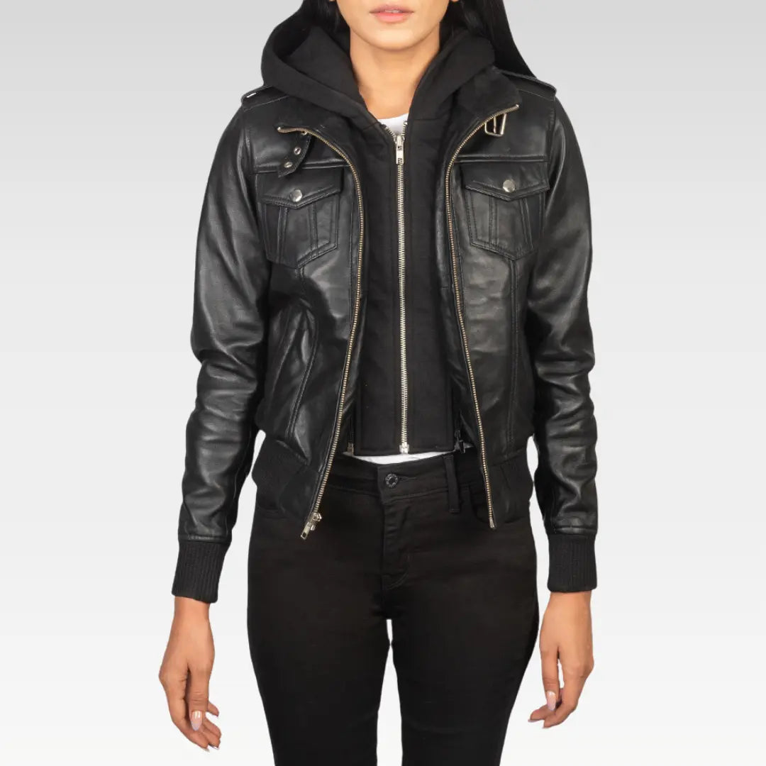 Roslyn Hooded Leather Bomber Jacket
