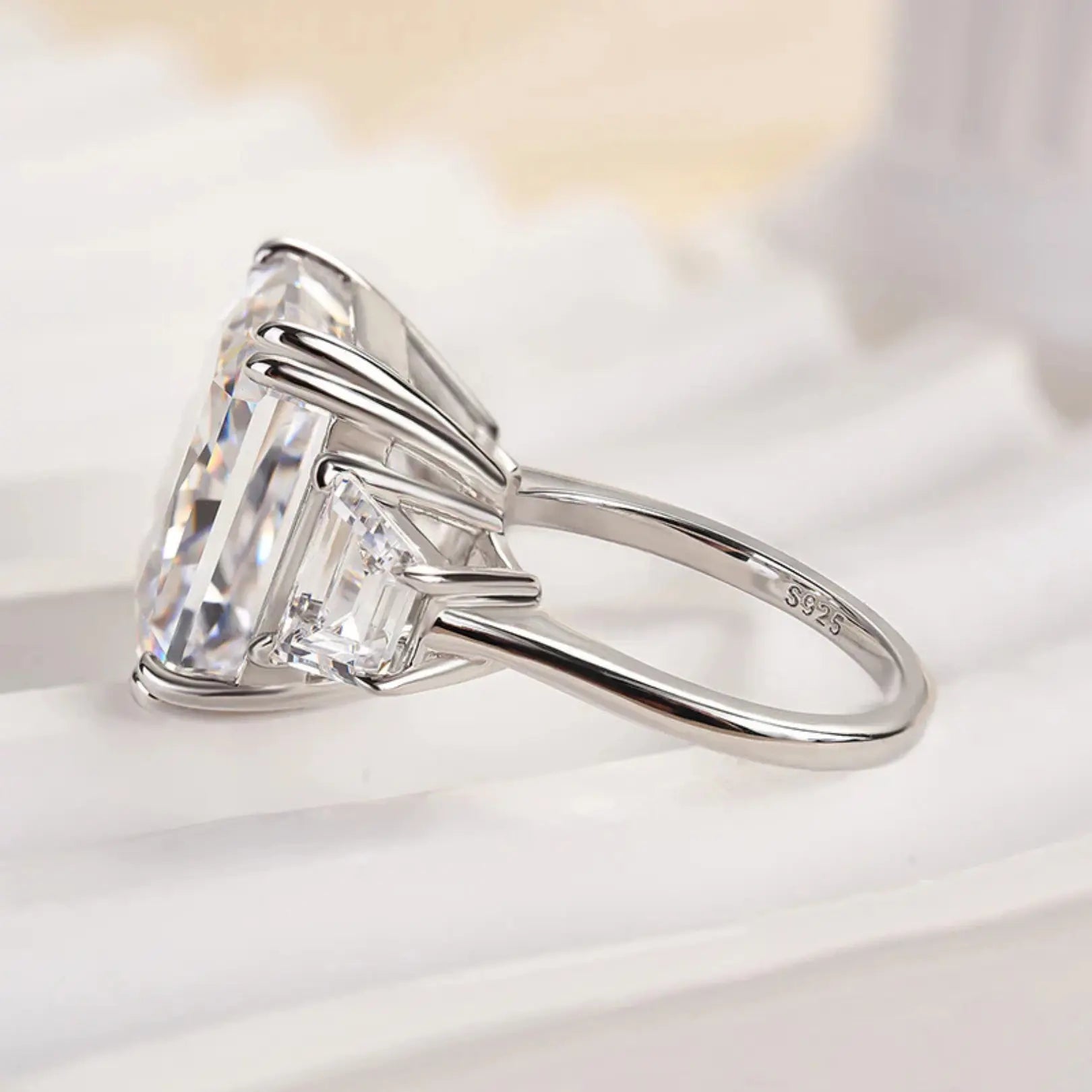 Luxurious Crushed Ice Hybrid Radiant Cut Three Stone Engagement Ring