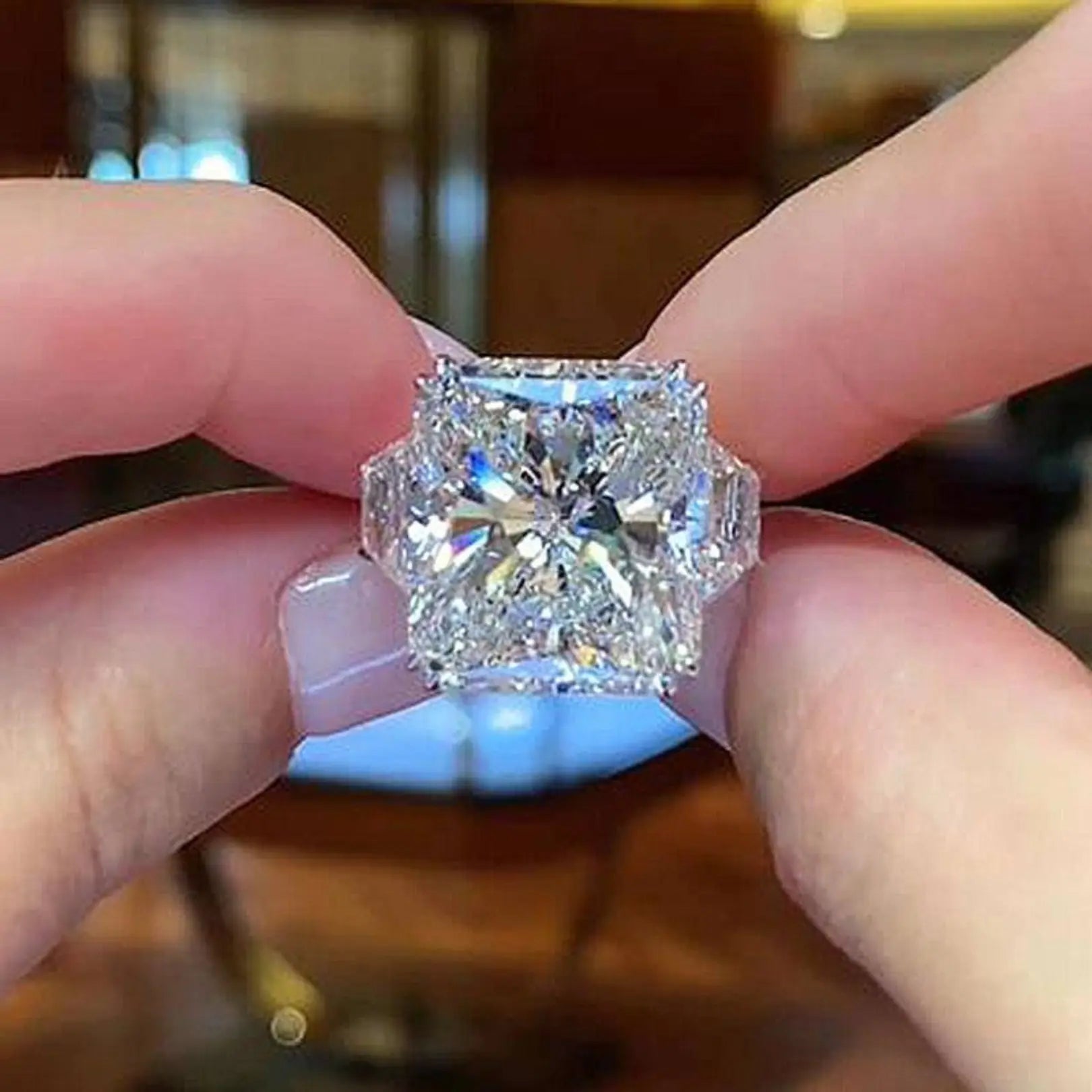 Luxurious Crushed Ice Hybrid Radiant Cut Three Stone Engagement Ring