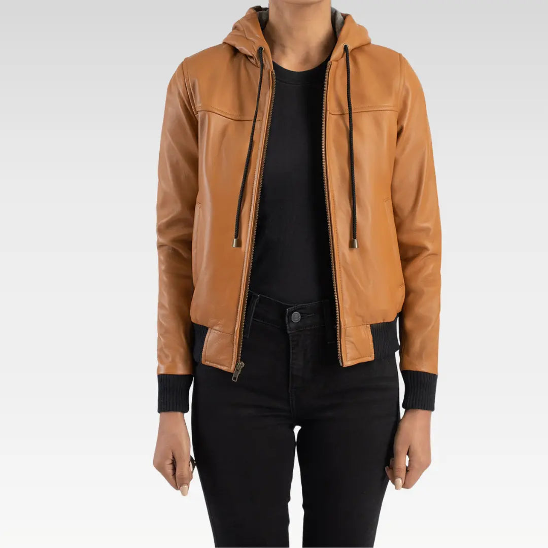 Rebella Hooded Leather Bomber Jacket