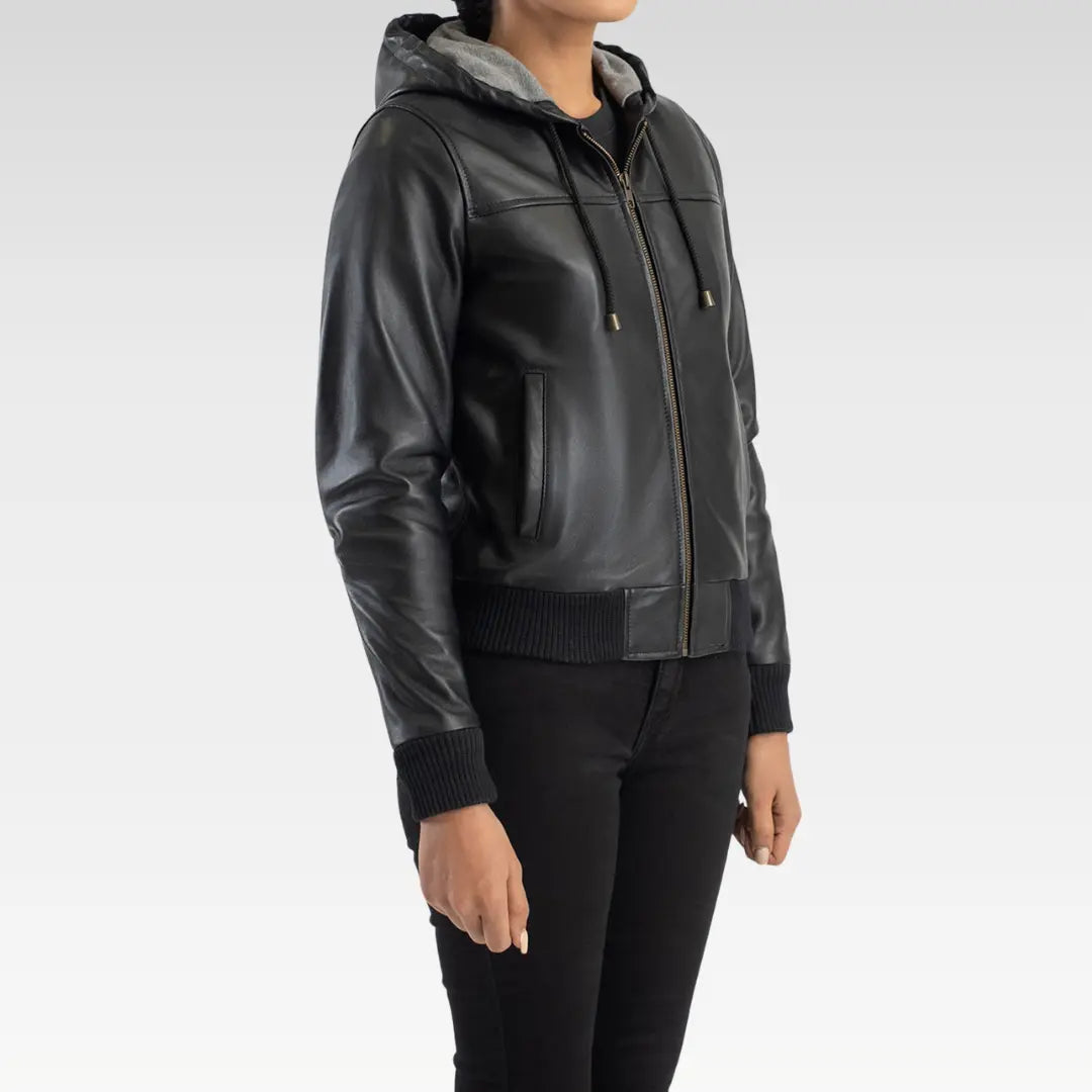 Rebella Hooded Leather Bomber Jacket