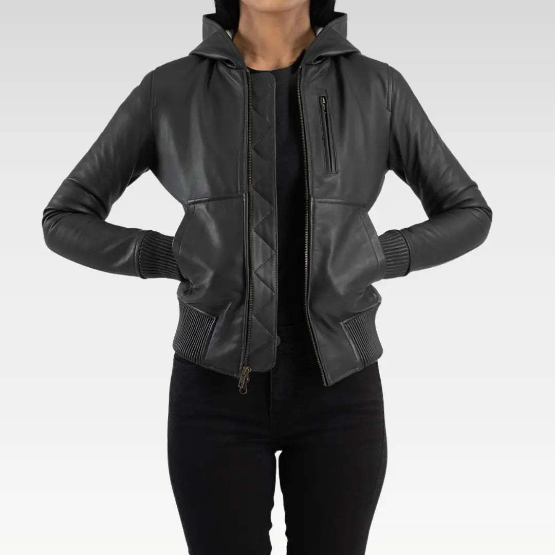 Luna Hooded Leather Bomber Jacket