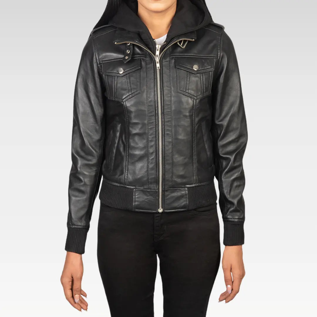 Roslyn Hooded Leather Bomber Jacket
