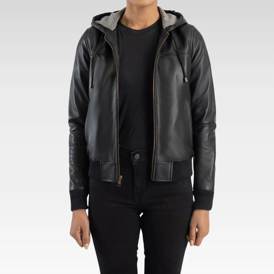 Rebella Hooded Leather Bomber Jacket