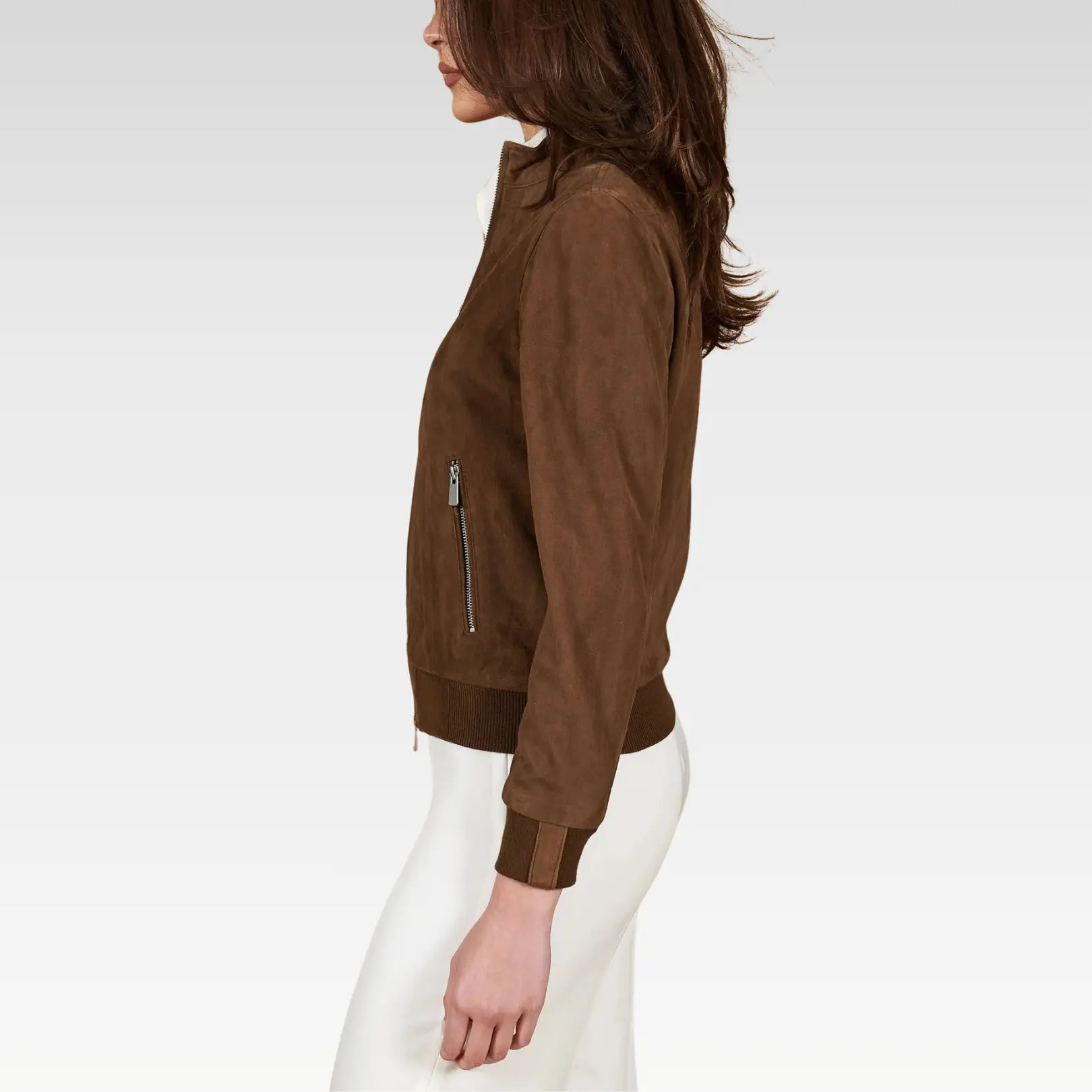 Brown jacket worn by a person on a white background