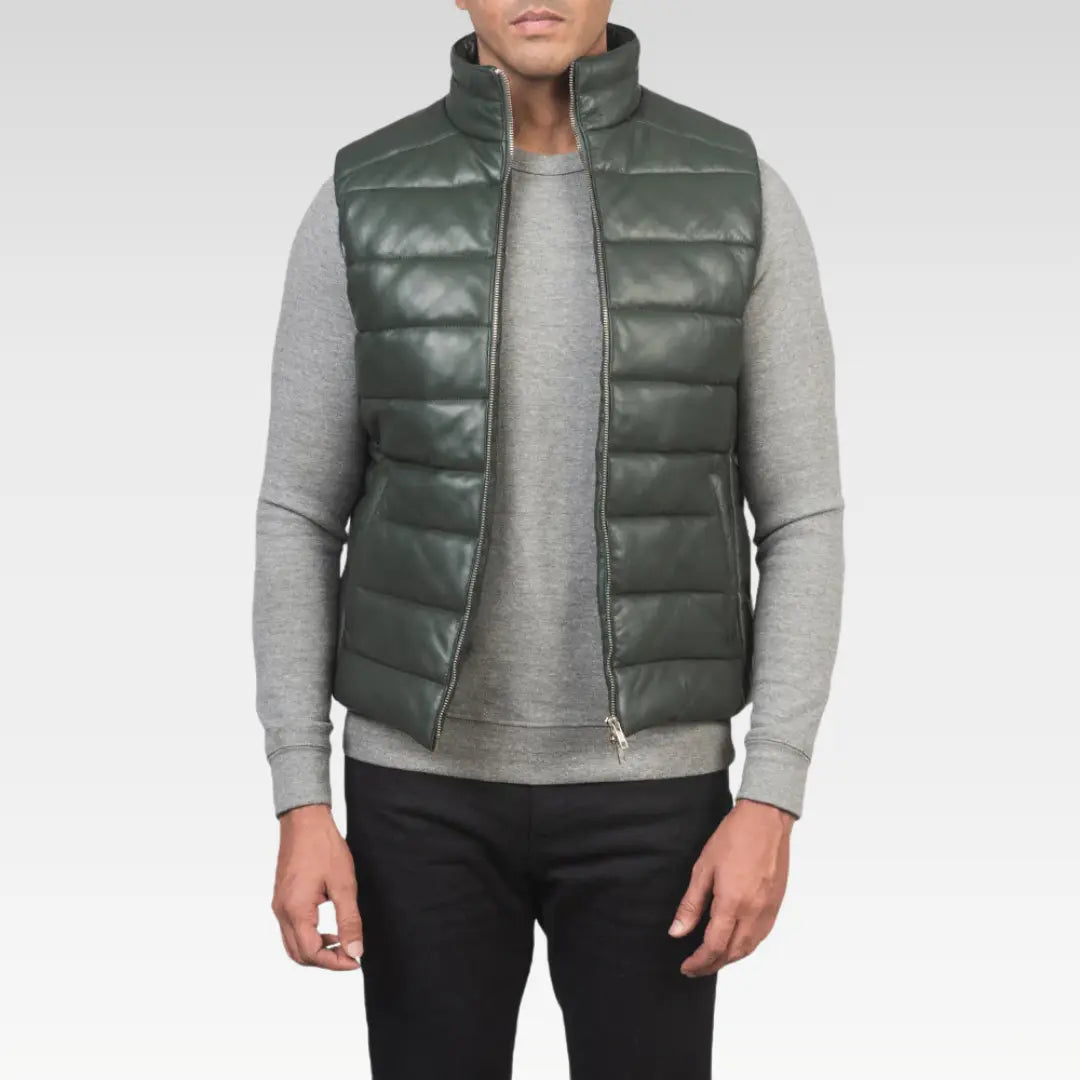 Men’s Green Sheepskin Leather Puffer Vest