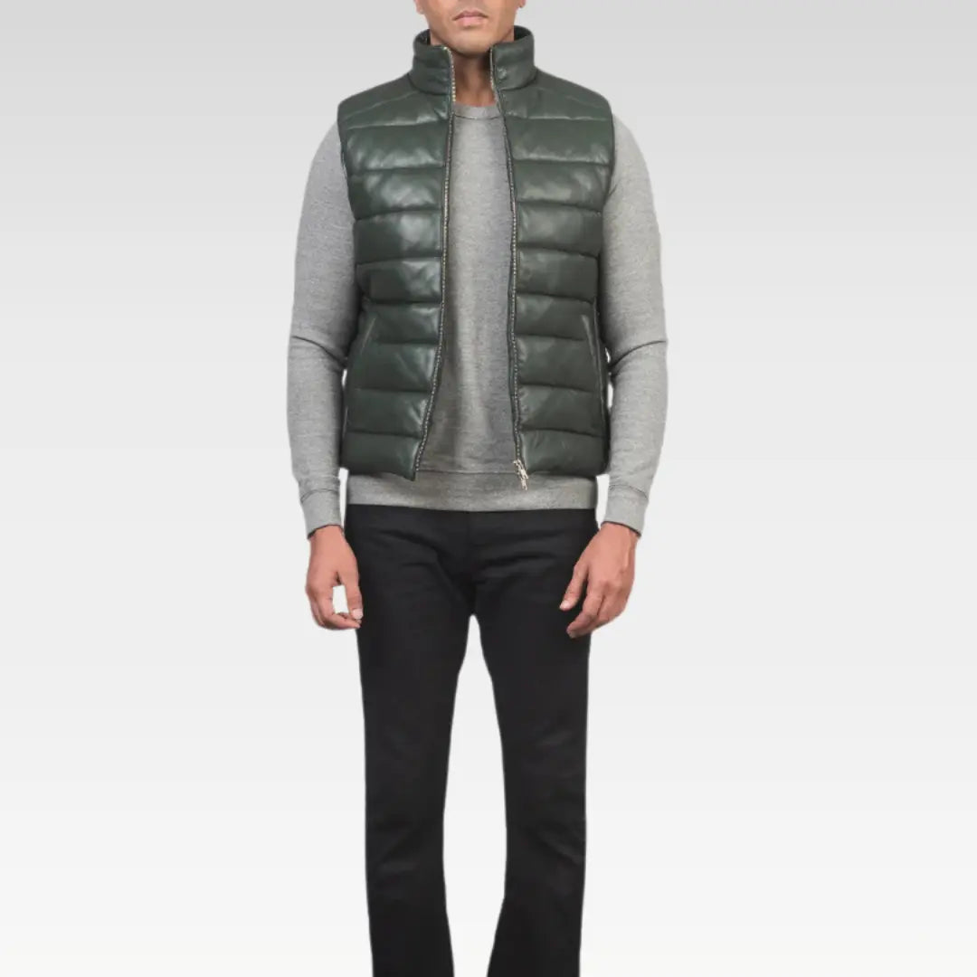 Men’s Green Sheepskin Leather Puffer Vest