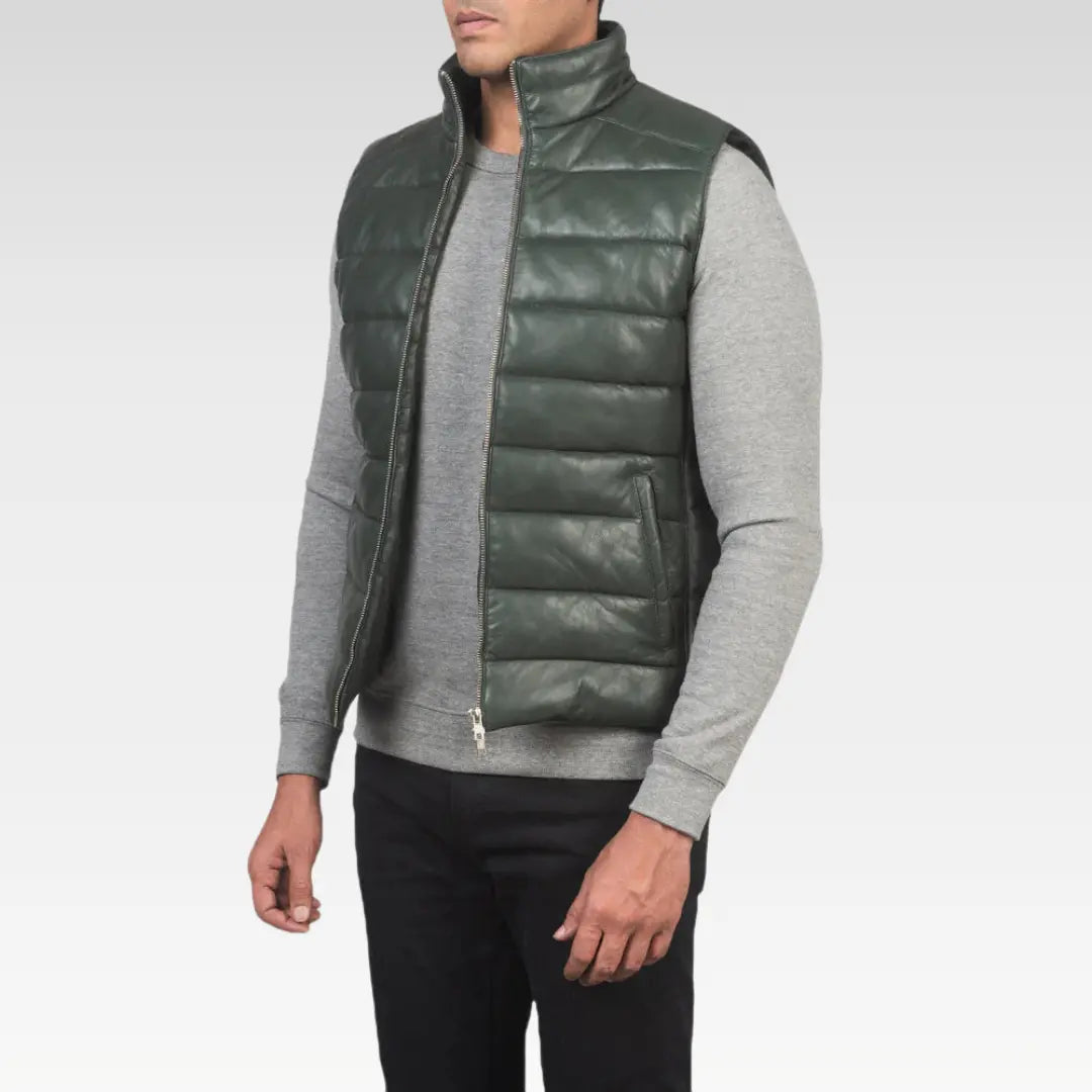 Men’s Green Sheepskin Leather Puffer Vest
