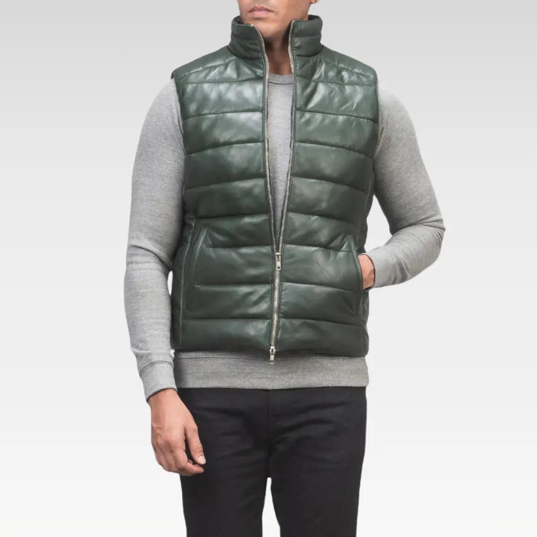 Men’s Green Sheepskin Leather Puffer Vest