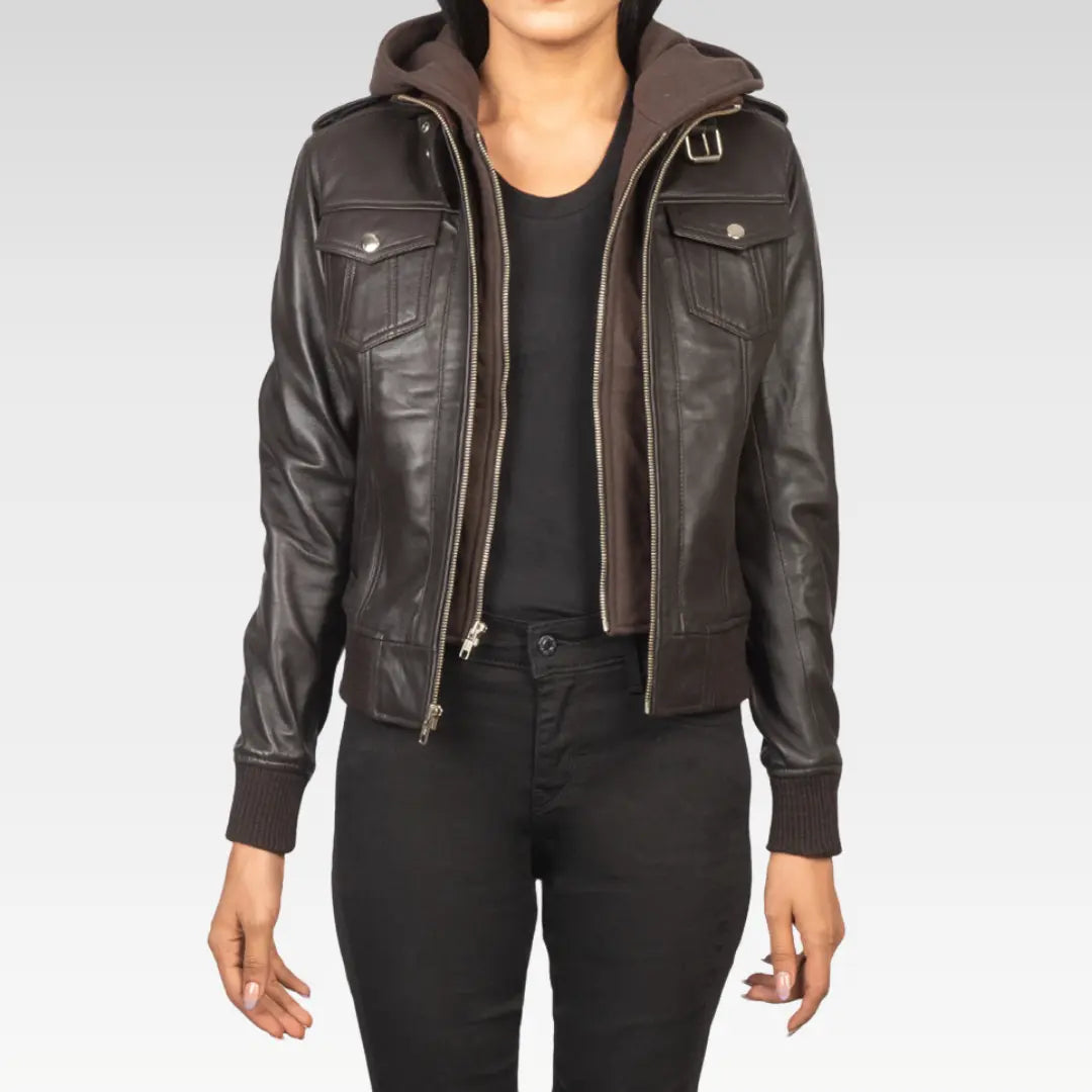 Roslyn Hooded Leather Bomber Jacket