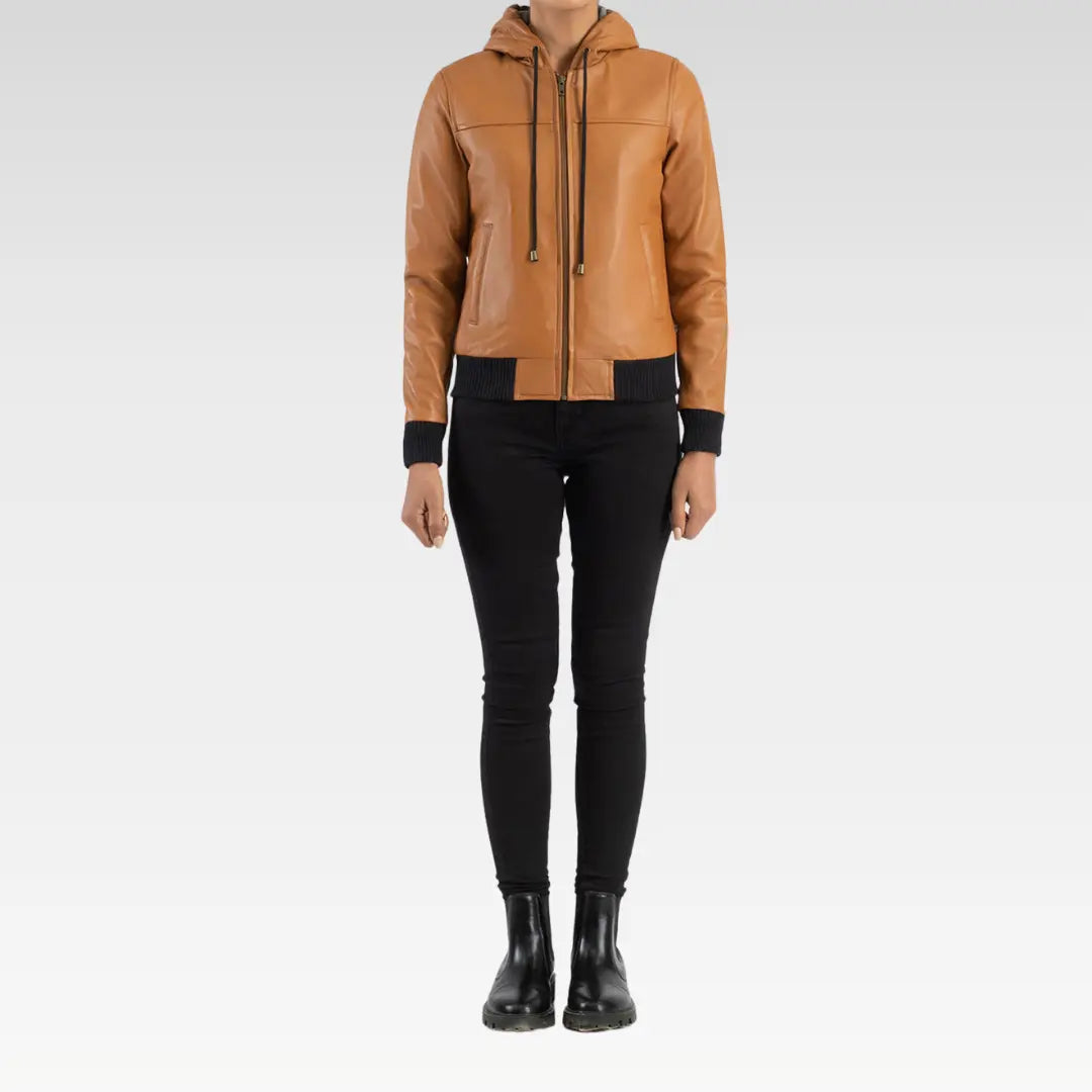 Rebella Hooded Leather Bomber Jacket