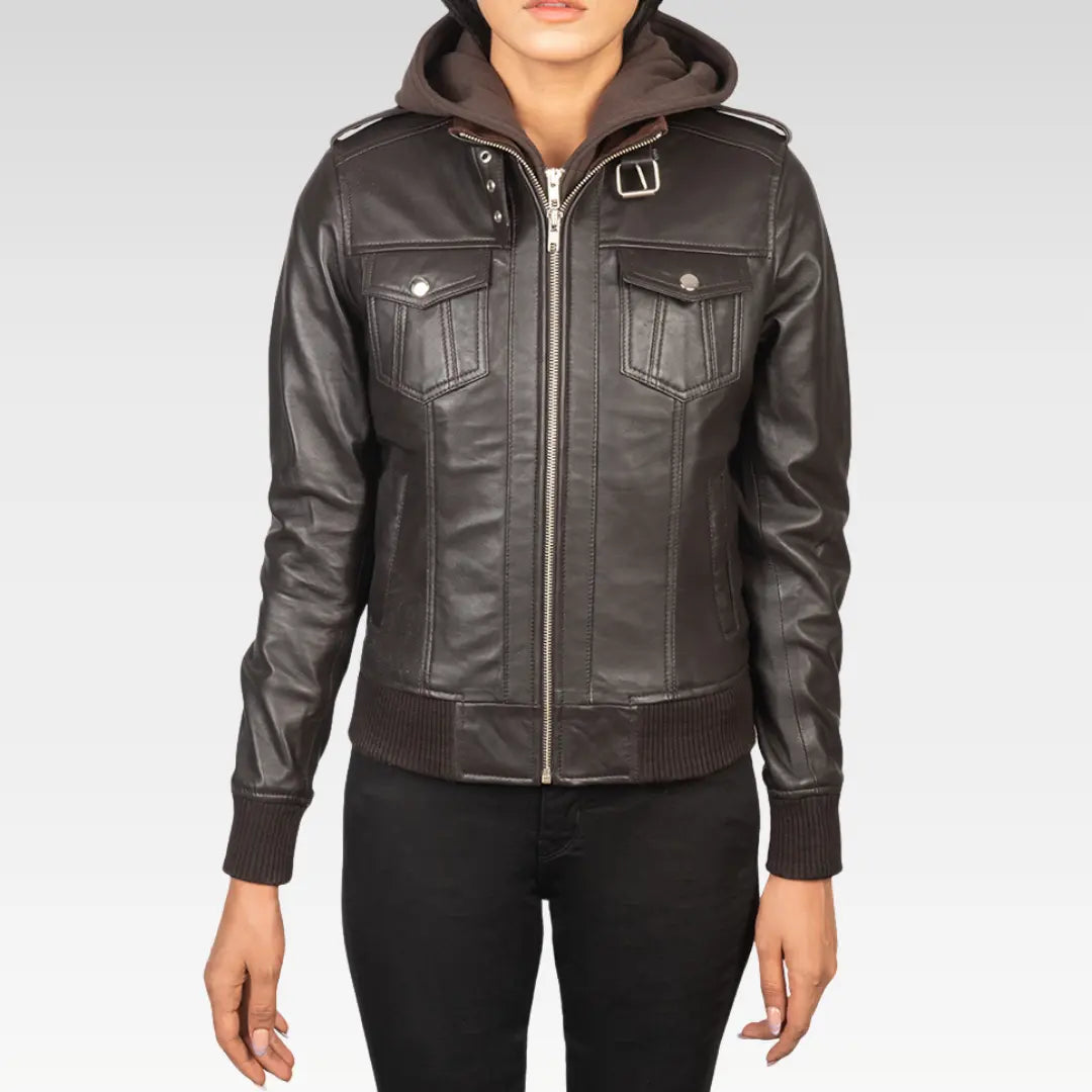 Roslyn Hooded Leather Bomber Jacket