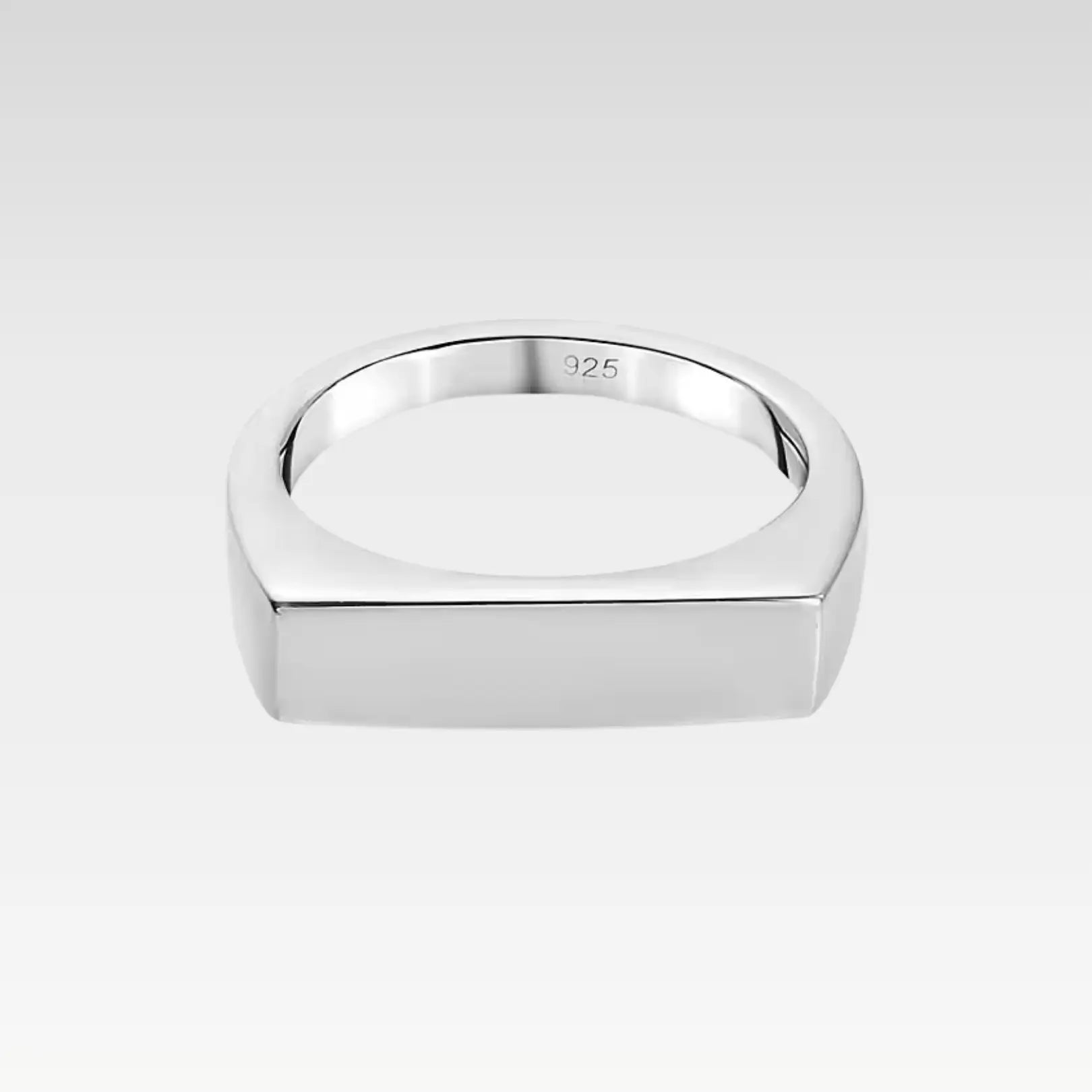 High-polish silver signet ring featuring an angular, flat rectangular top for a sleek silhouette