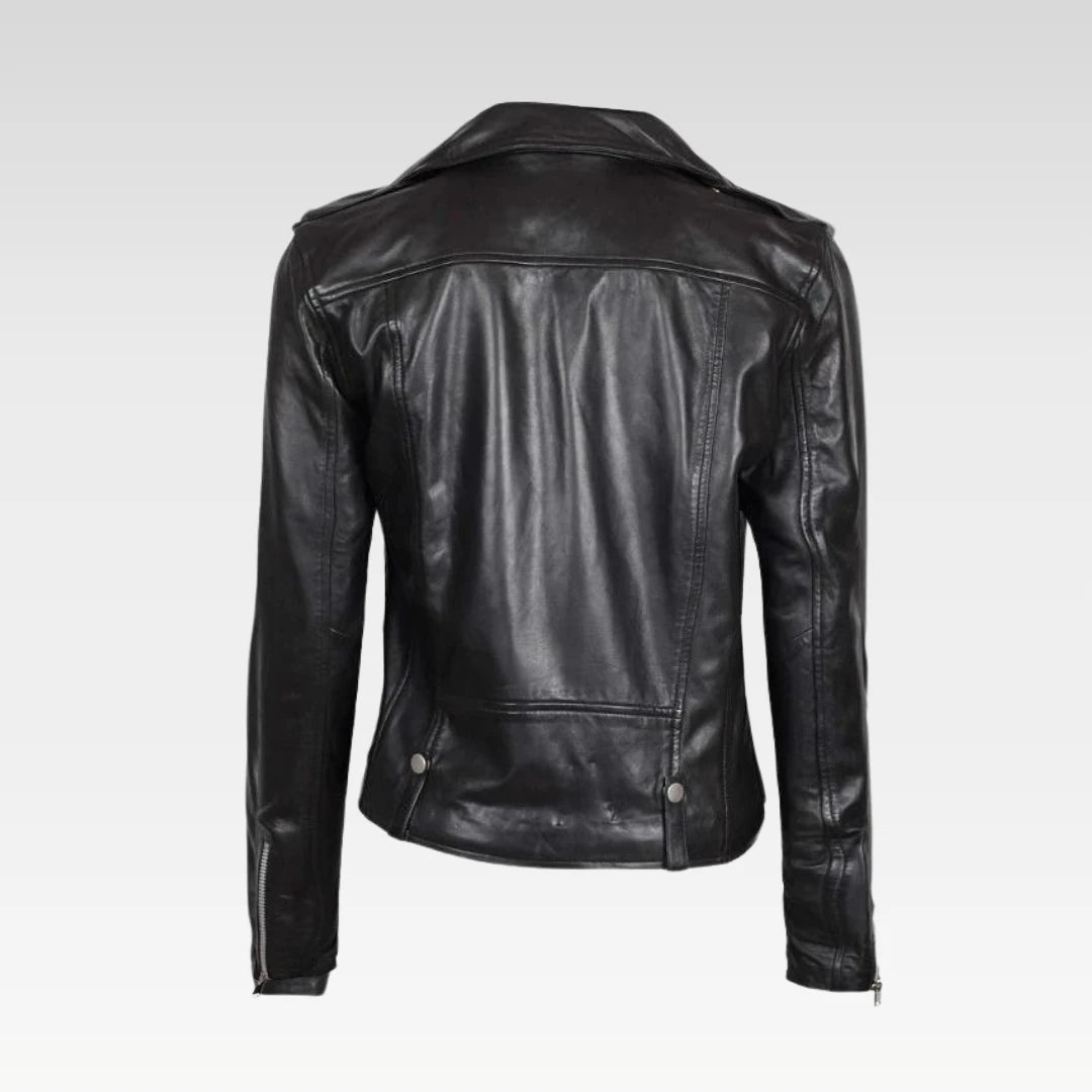 Women's Asymmetrical Amber Black Leather Biker Jacket