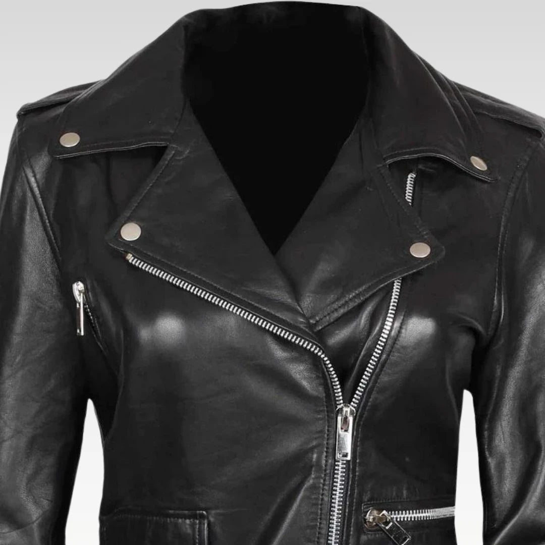 Women's Asymmetrical Amber Black Leather Biker Jacket