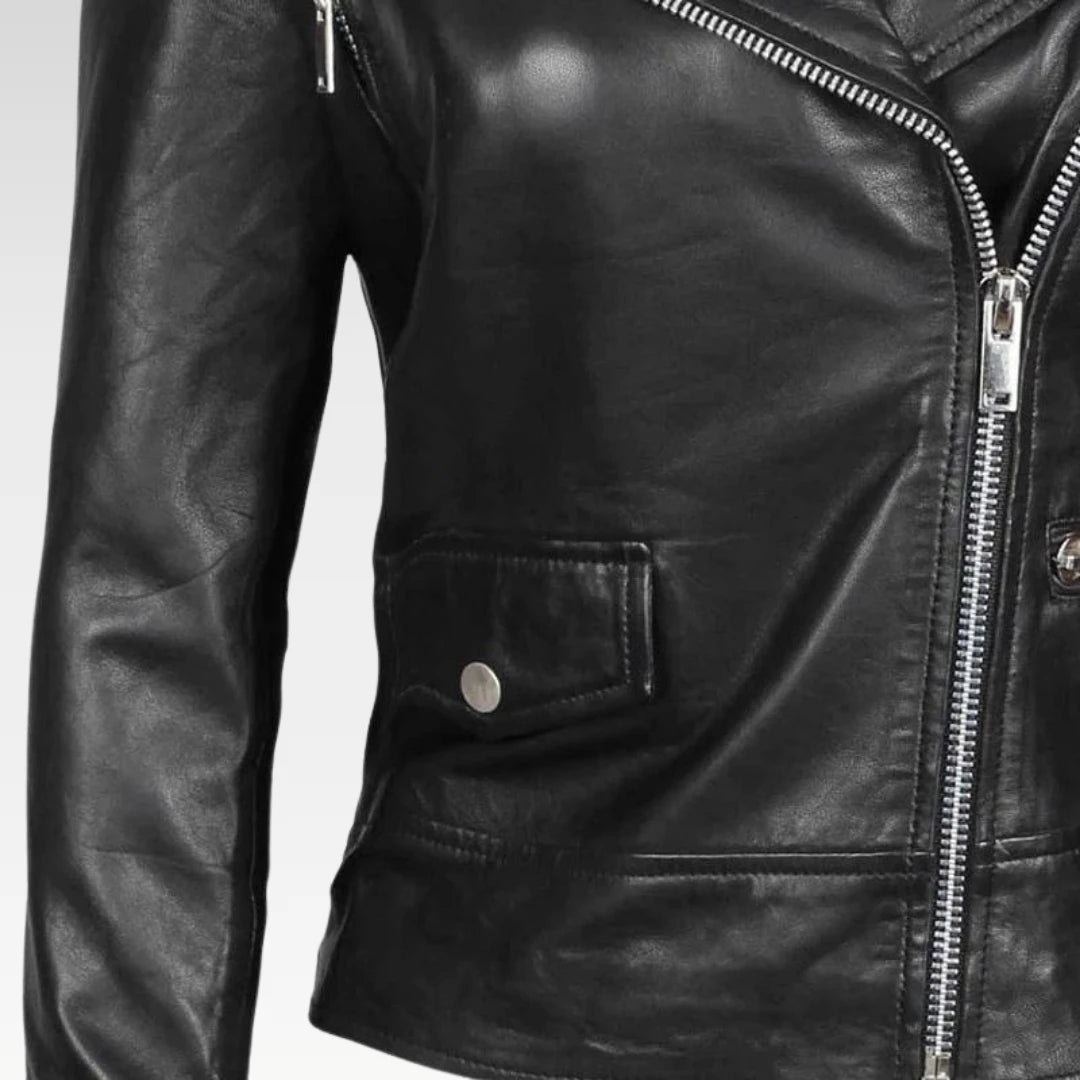 Women's Asymmetrical Amber Black Leather Biker Jacket
