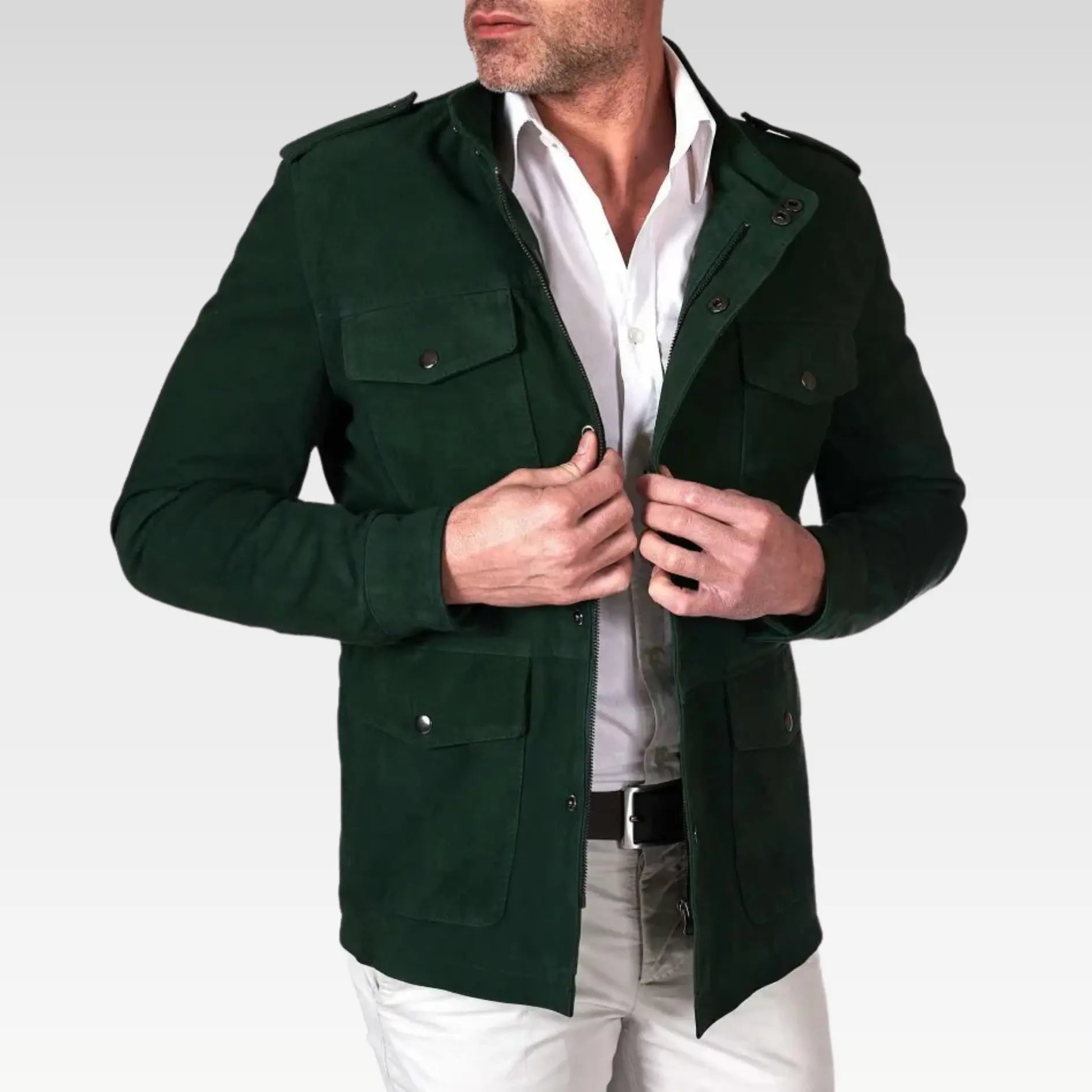 Axel - Green suede leather saharan jacket with patch pockets