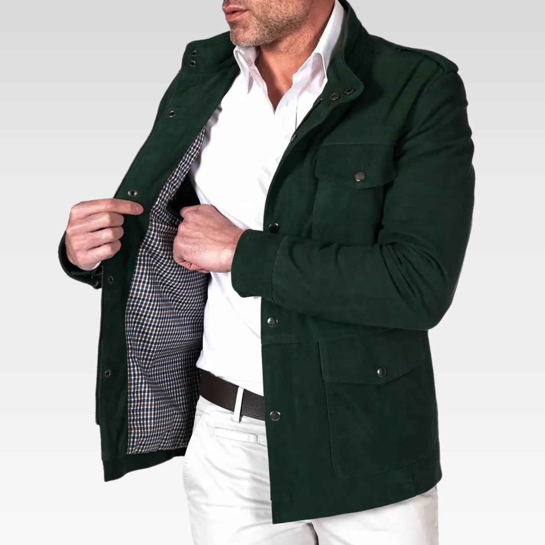 Axel - Green suede leather saharan jacket with patch pockets