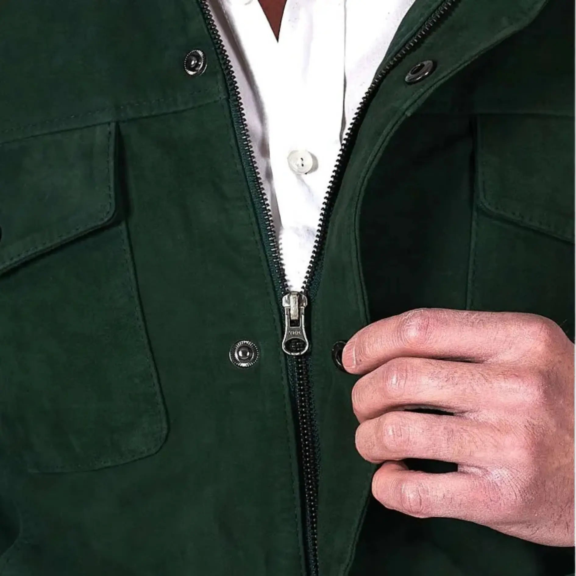 Axel - Green suede leather saharan jacket with patch pockets