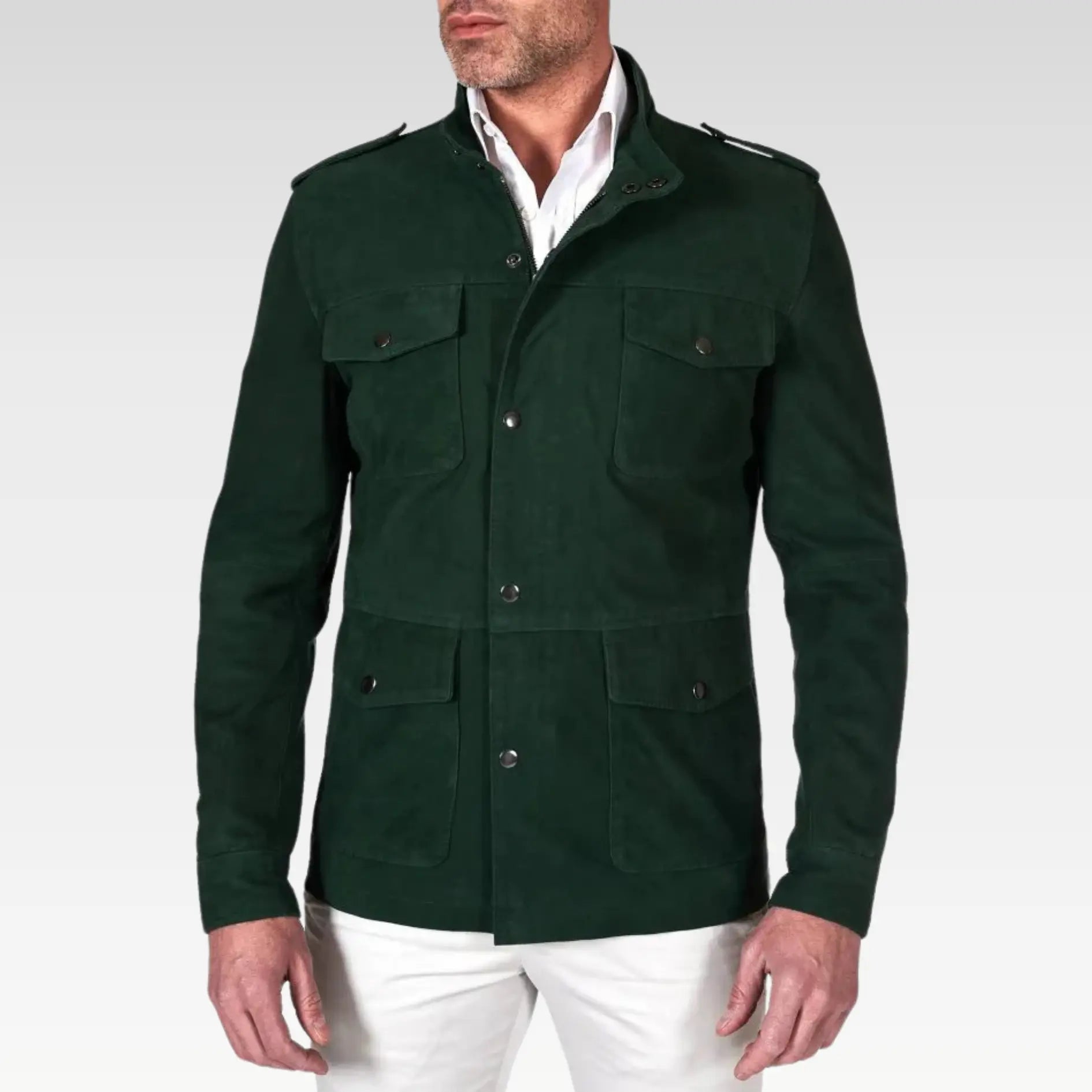 Axel - Green suede leather saharan jacket with patch pockets