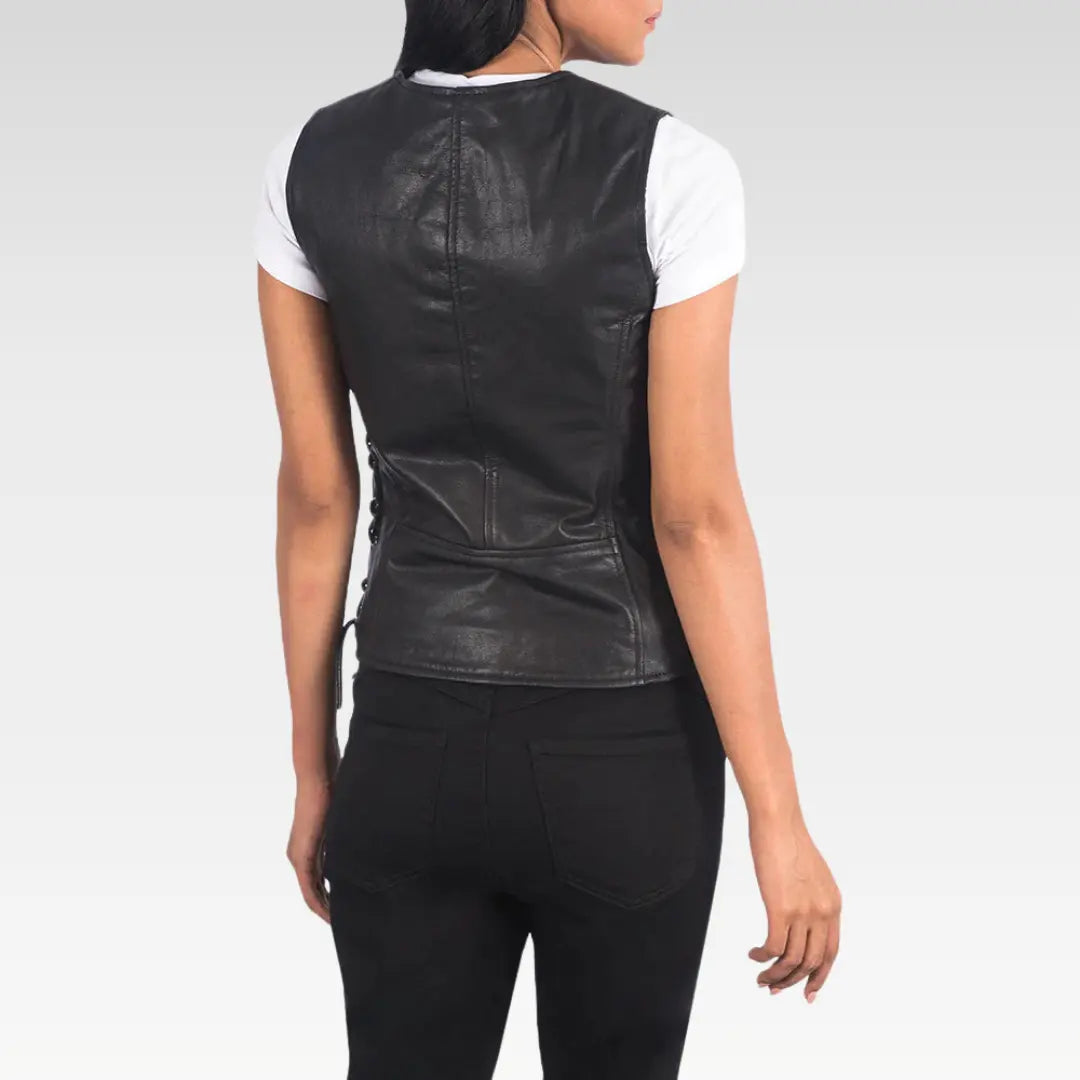 Rear view of Vanda black goatskin leather biker vest showing premium finish and side laces