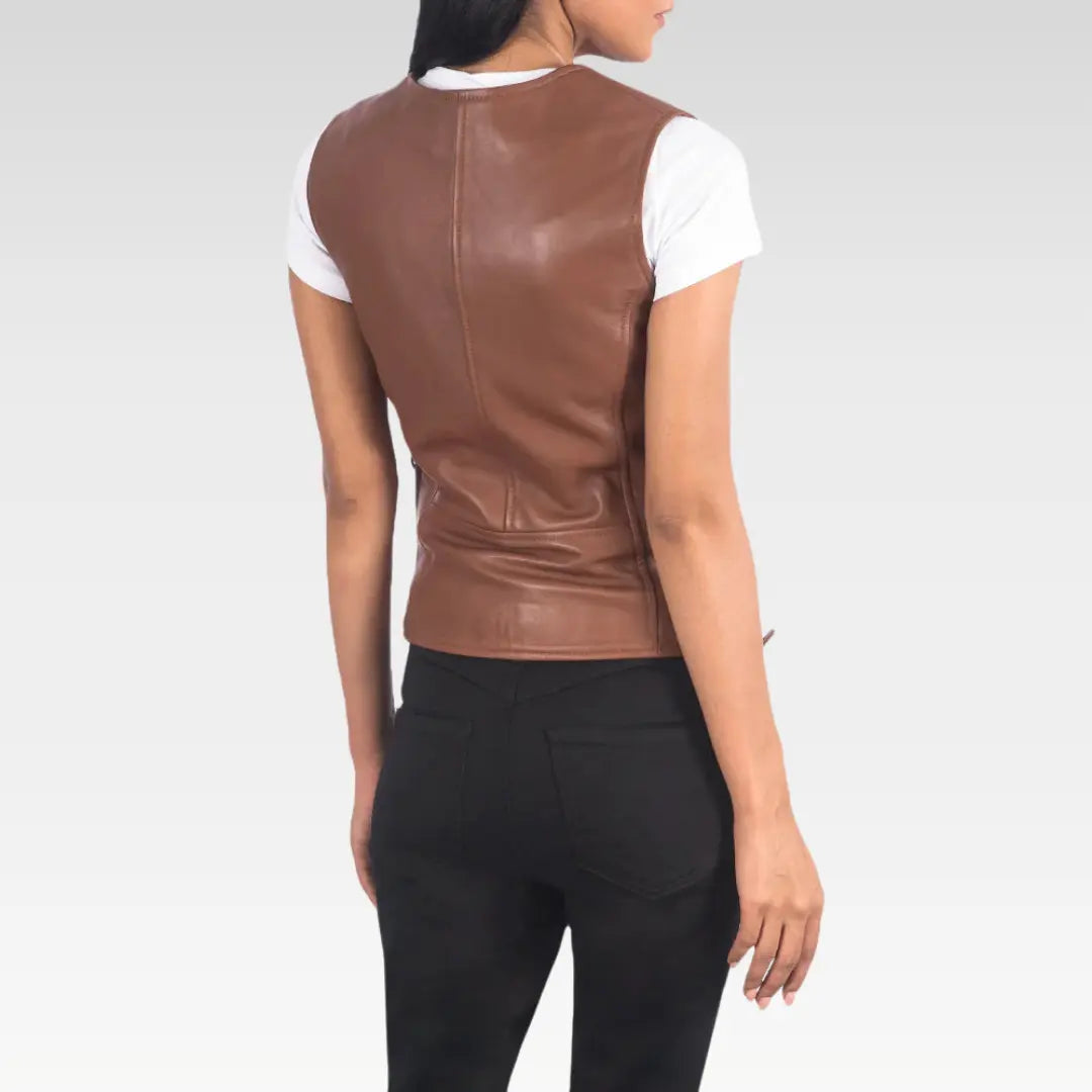 Rear view of brown goatskin leather biker vest highlighting stitching and structure