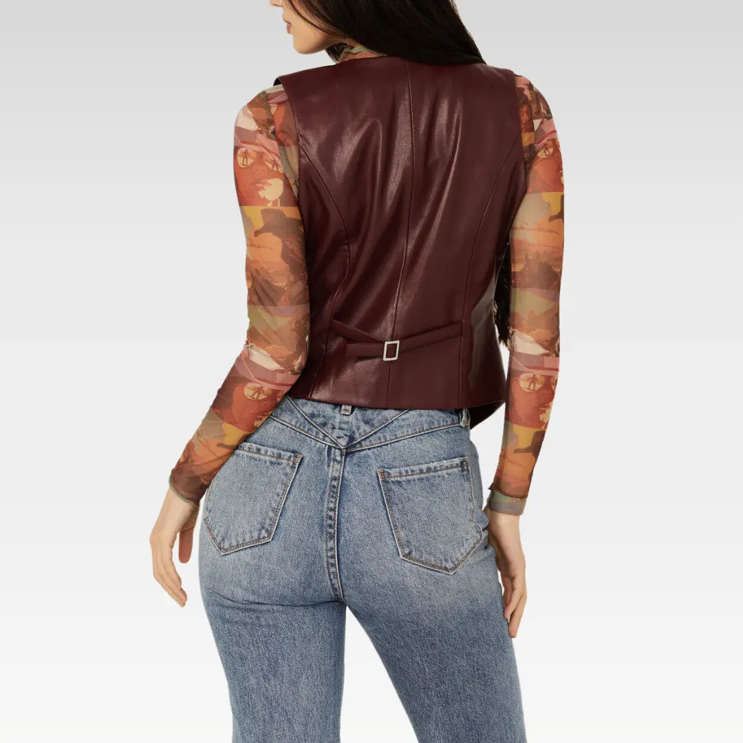 Rear view of the Revel women's lambskin vest in rich burgundy, showing tailored fit and sleeveless design.