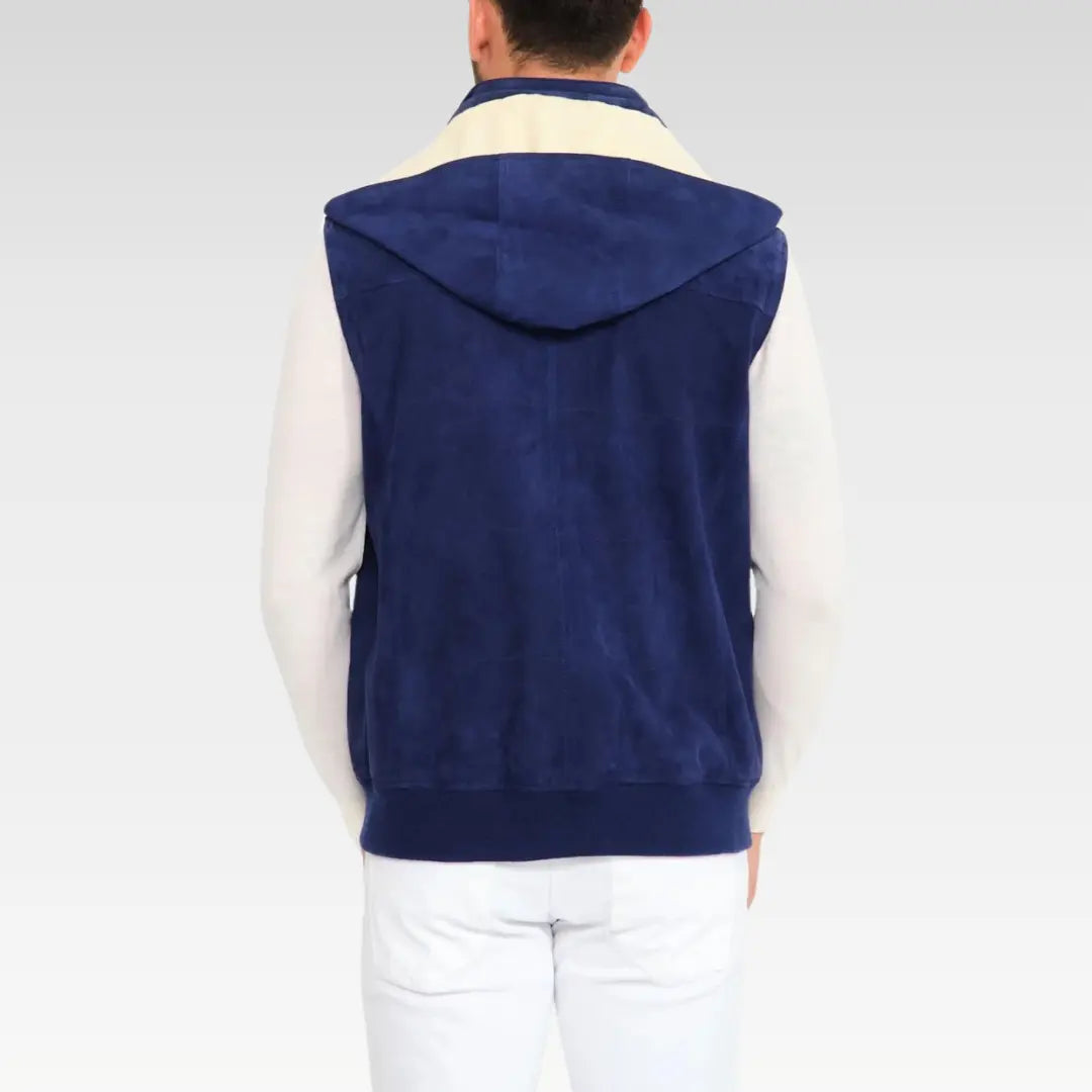 Rear view of a men’s navy suede vest, showcasing clean back design and sleek silhouette.