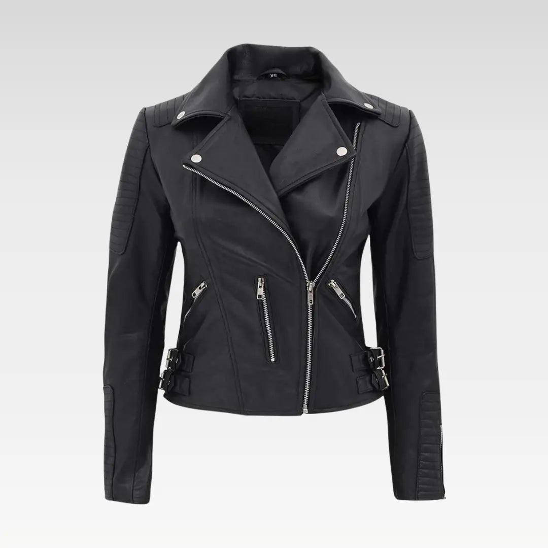 Women's Bari Black Real Leather Biker Jacket