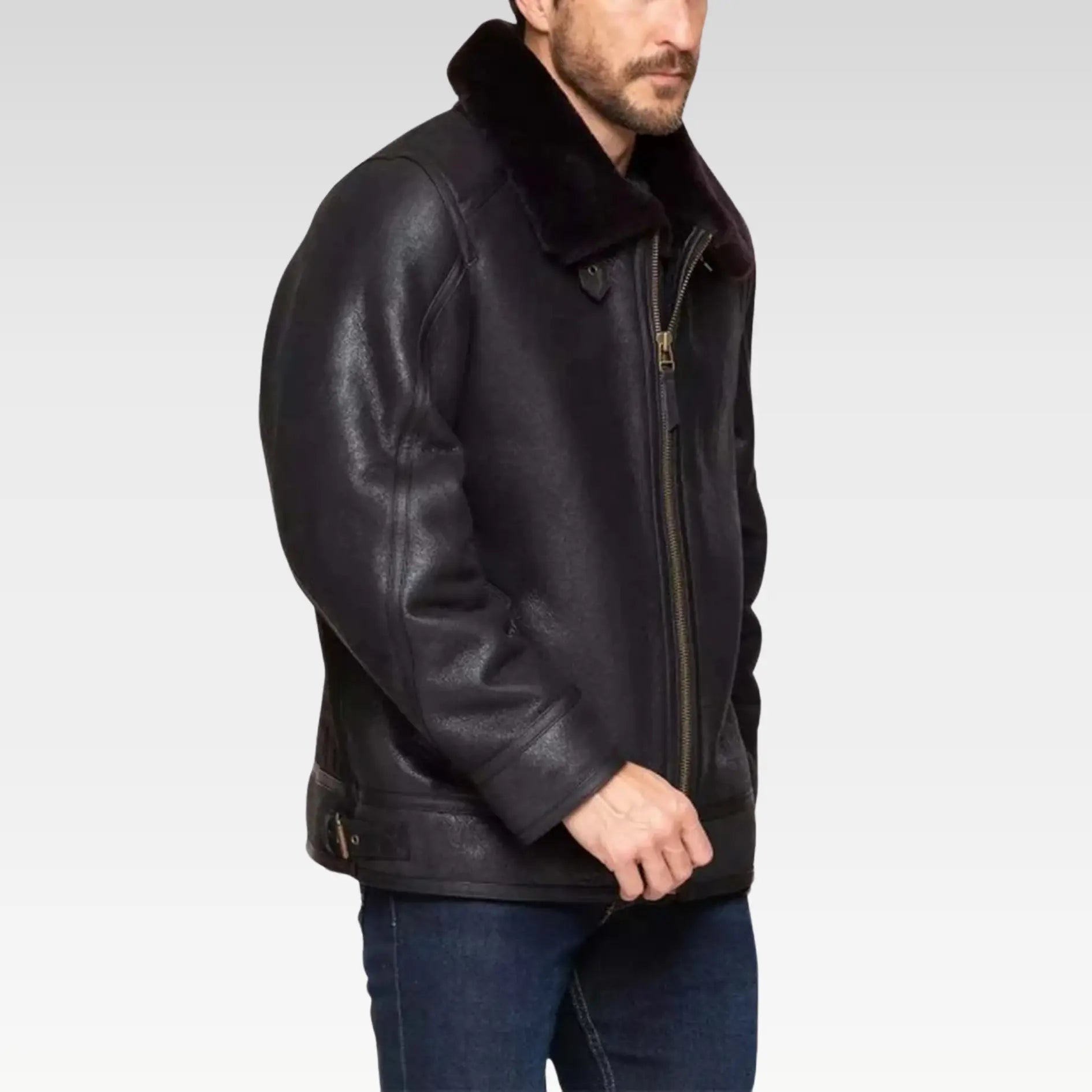 Black Bomber Fur Leather Jacket For Men