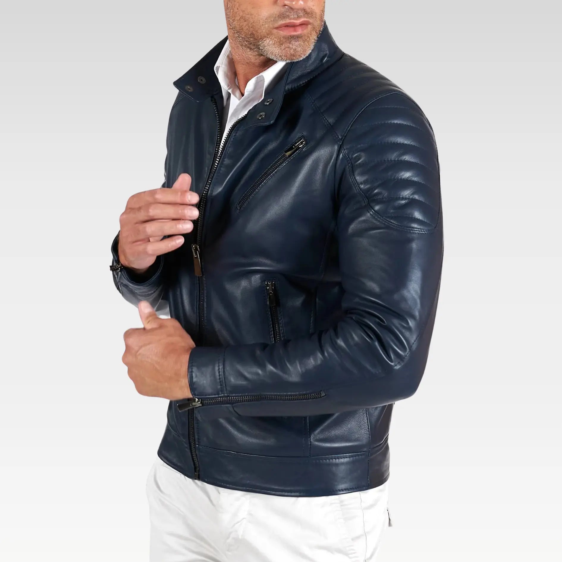 Blue quilted lamb leather biker jacket three zipper pockets