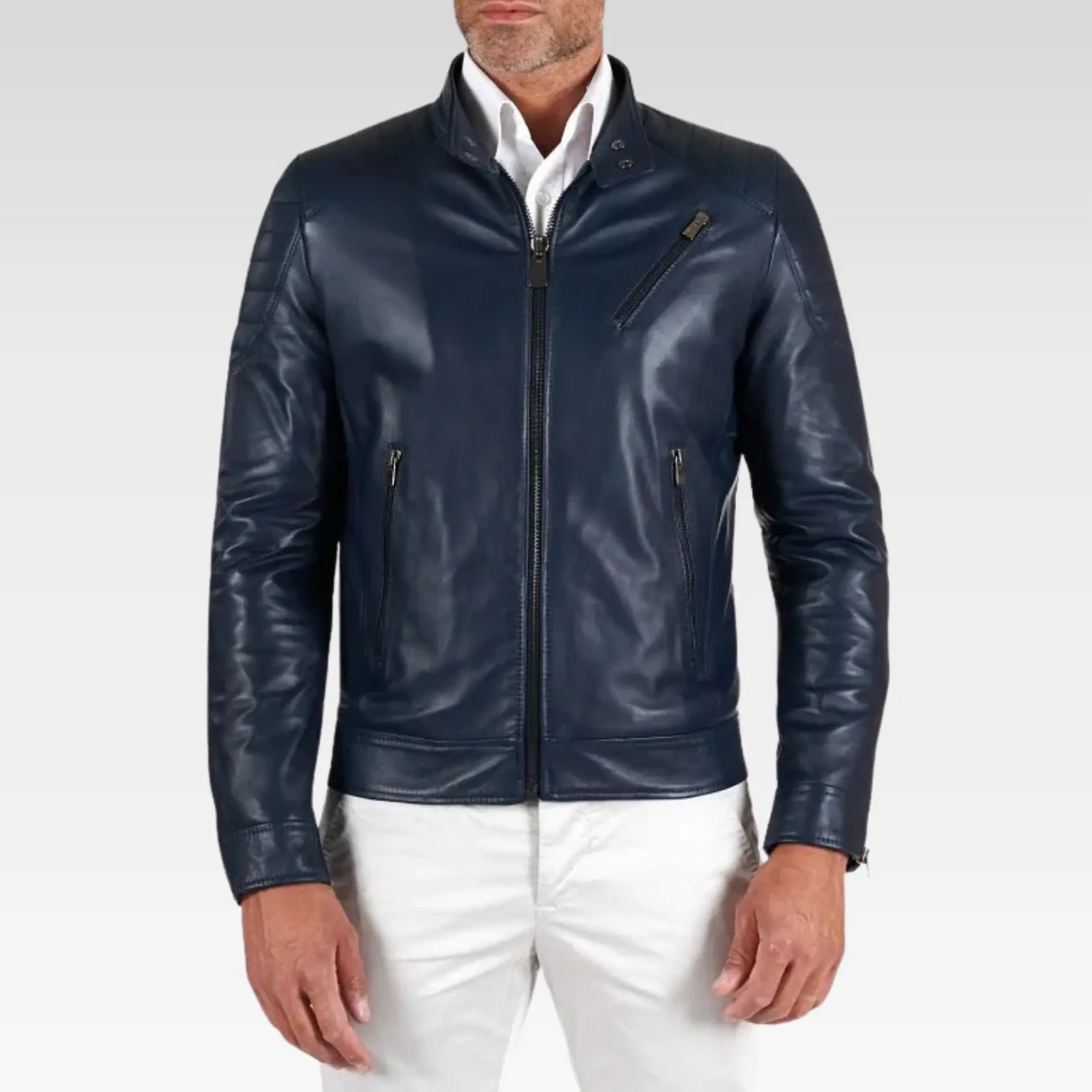 Blue quilted lamb leather biker jacket three zipper pockets