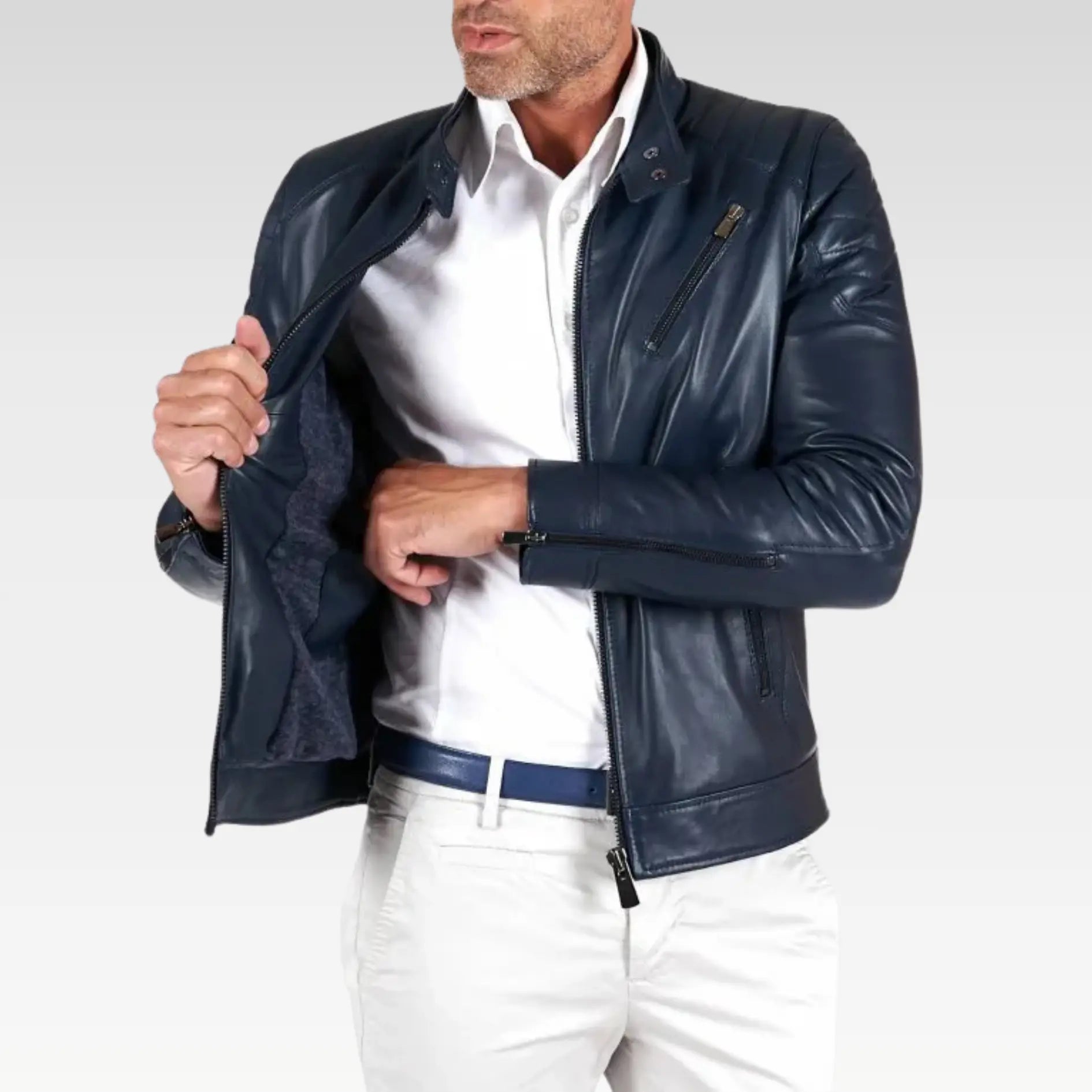 Blue quilted lamb leather biker jacket three zipper pockets